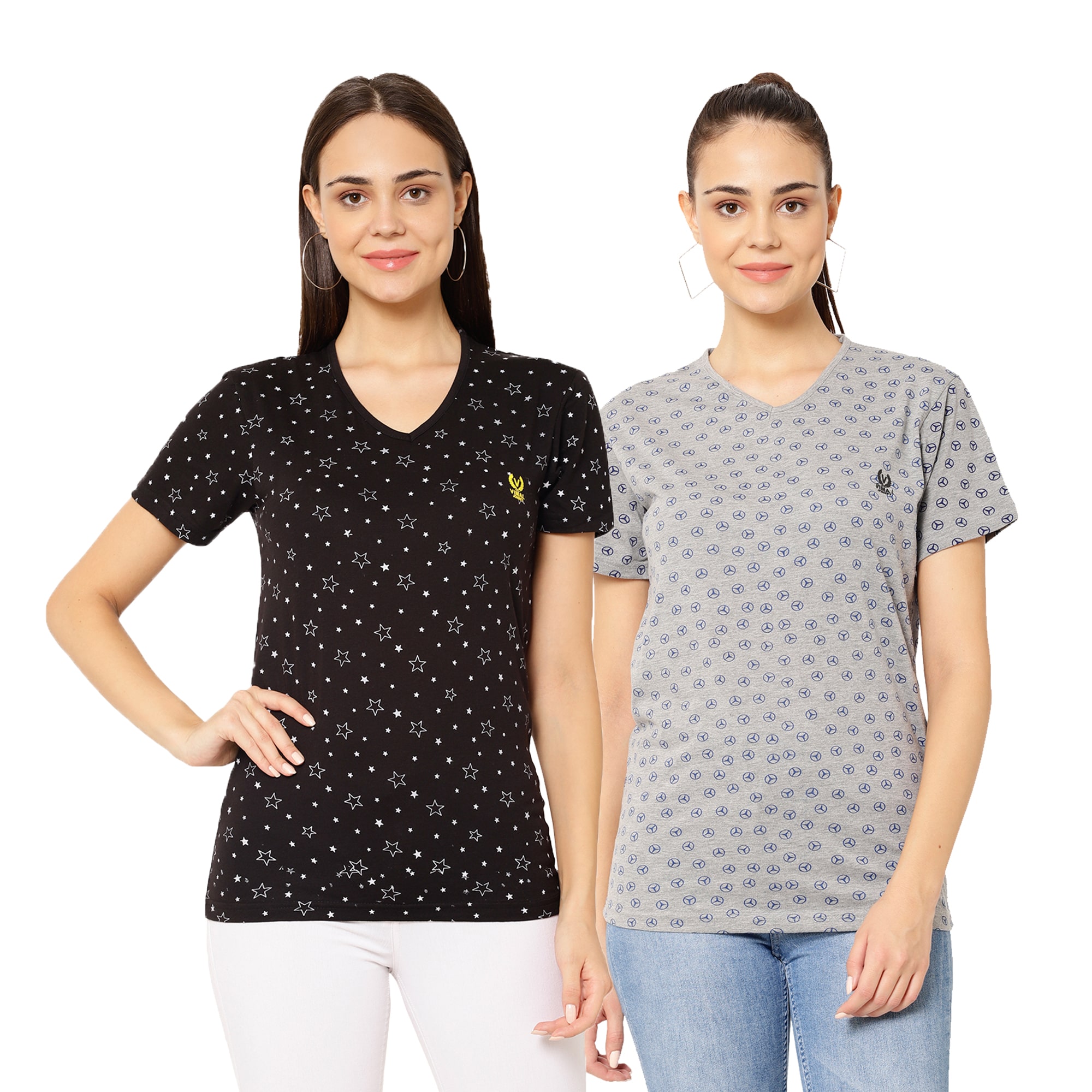 

VIMAL JONNEY Women Black Grey Regular fit V neck Cotton blend T shirt