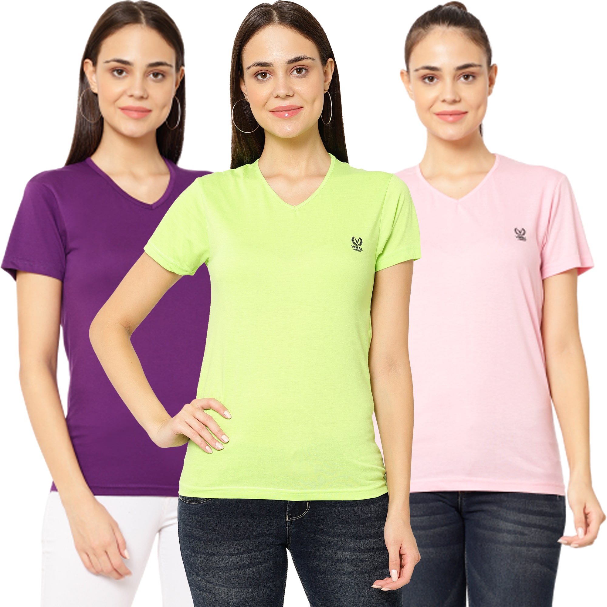

VIMAL JONNEY Women Multi Regular fit V neck Cotton T shirt