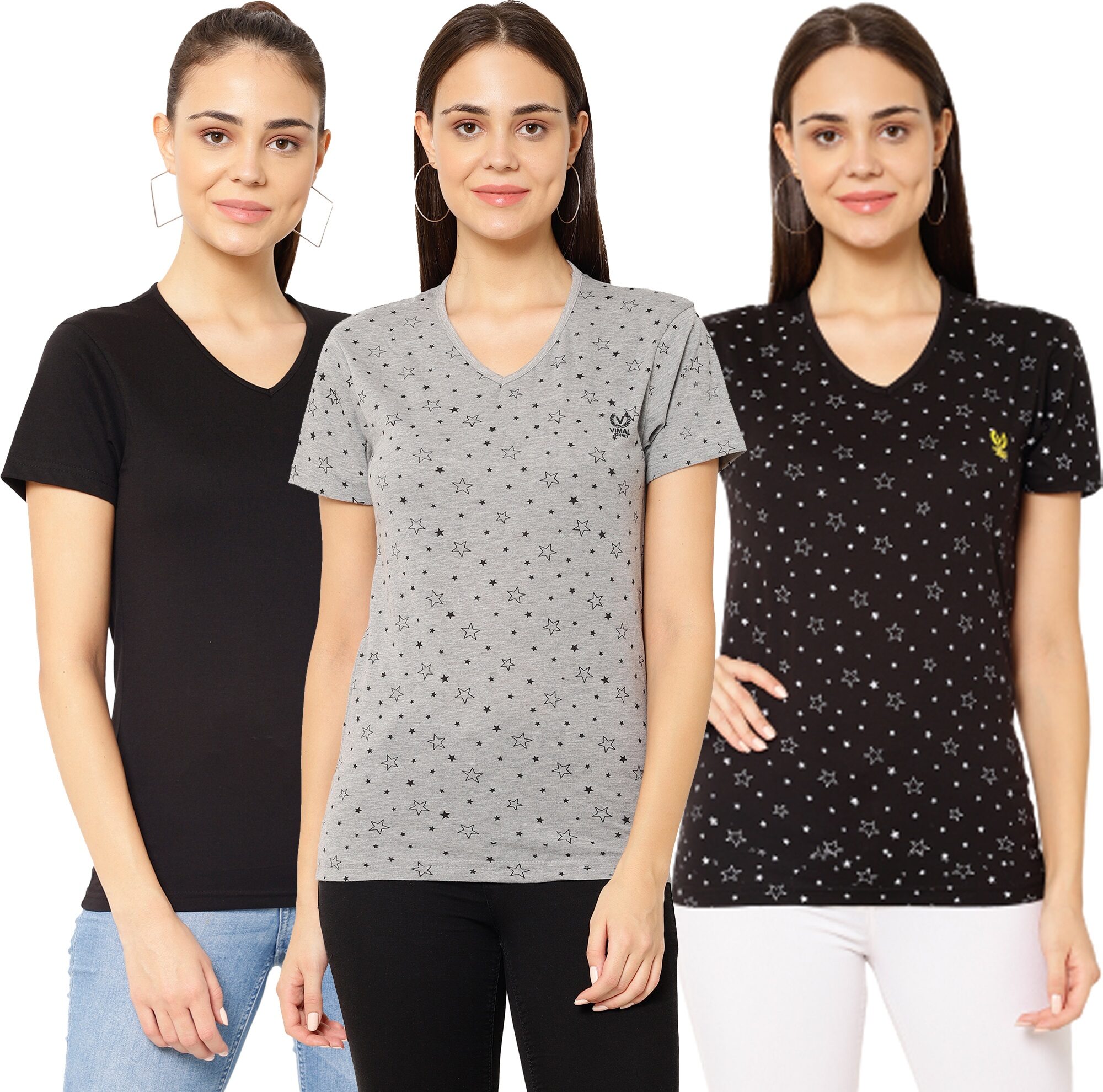 

VIMAL JONNEY Women Black Grey Regular fit V neck Cotton T shirt