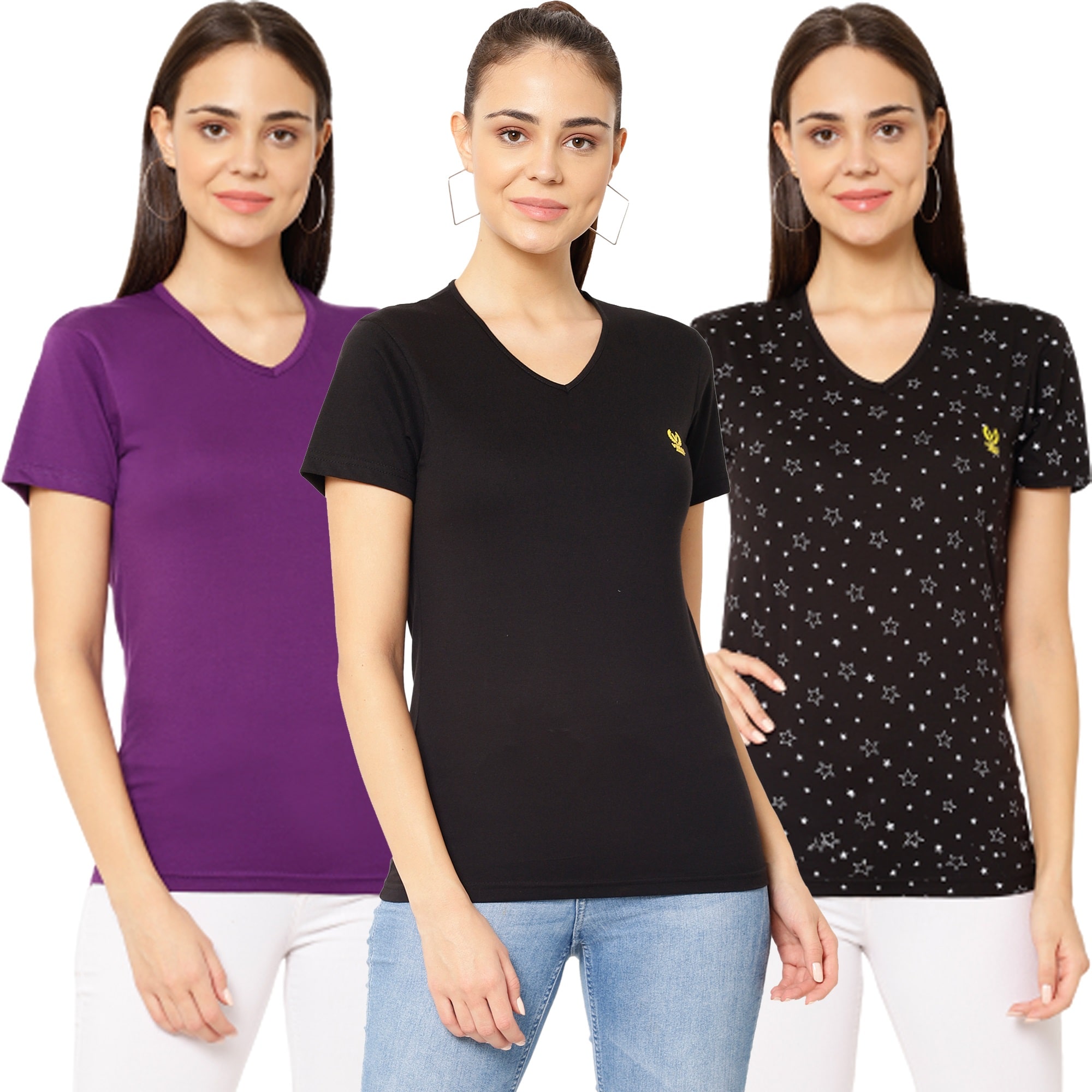 

VIMAL JONNEY Women Purple Black Regular fit V neck Cotton T shirt