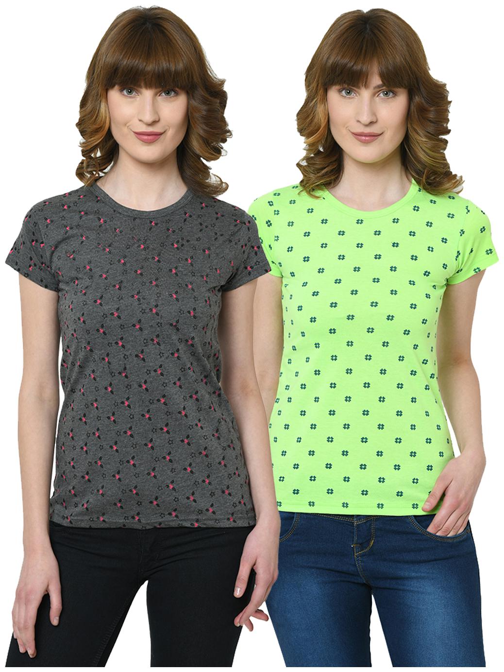 

VIMAL JONNEY Women Grey Green Regular fit Round neck Cotton T shirt