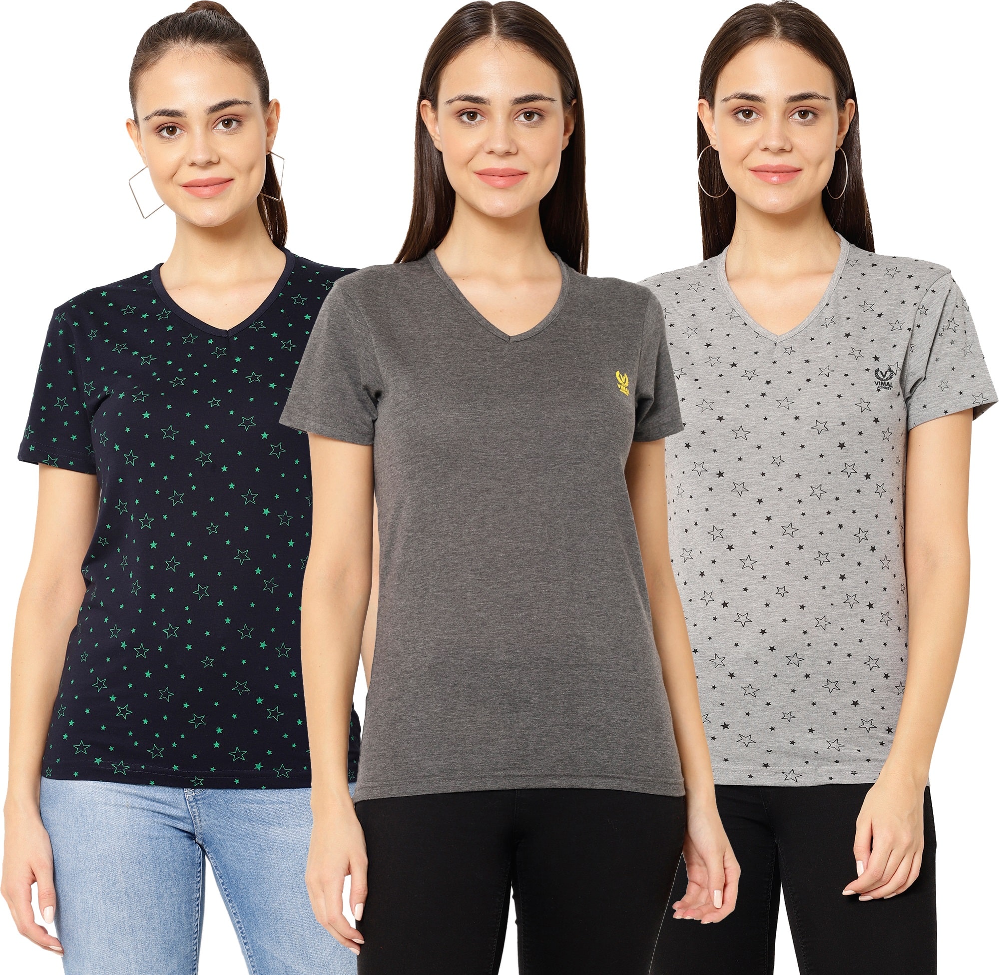 

VIMAL JONNEY Women Blue Grey Regular fit V neck Cotton T shirt
