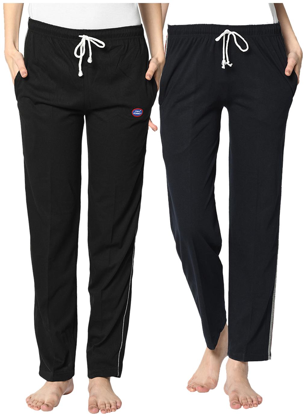 

VIMAL JONNEY Cotton Blend Solid Black Blue Color Track Pants For Women (Pack Of 2)