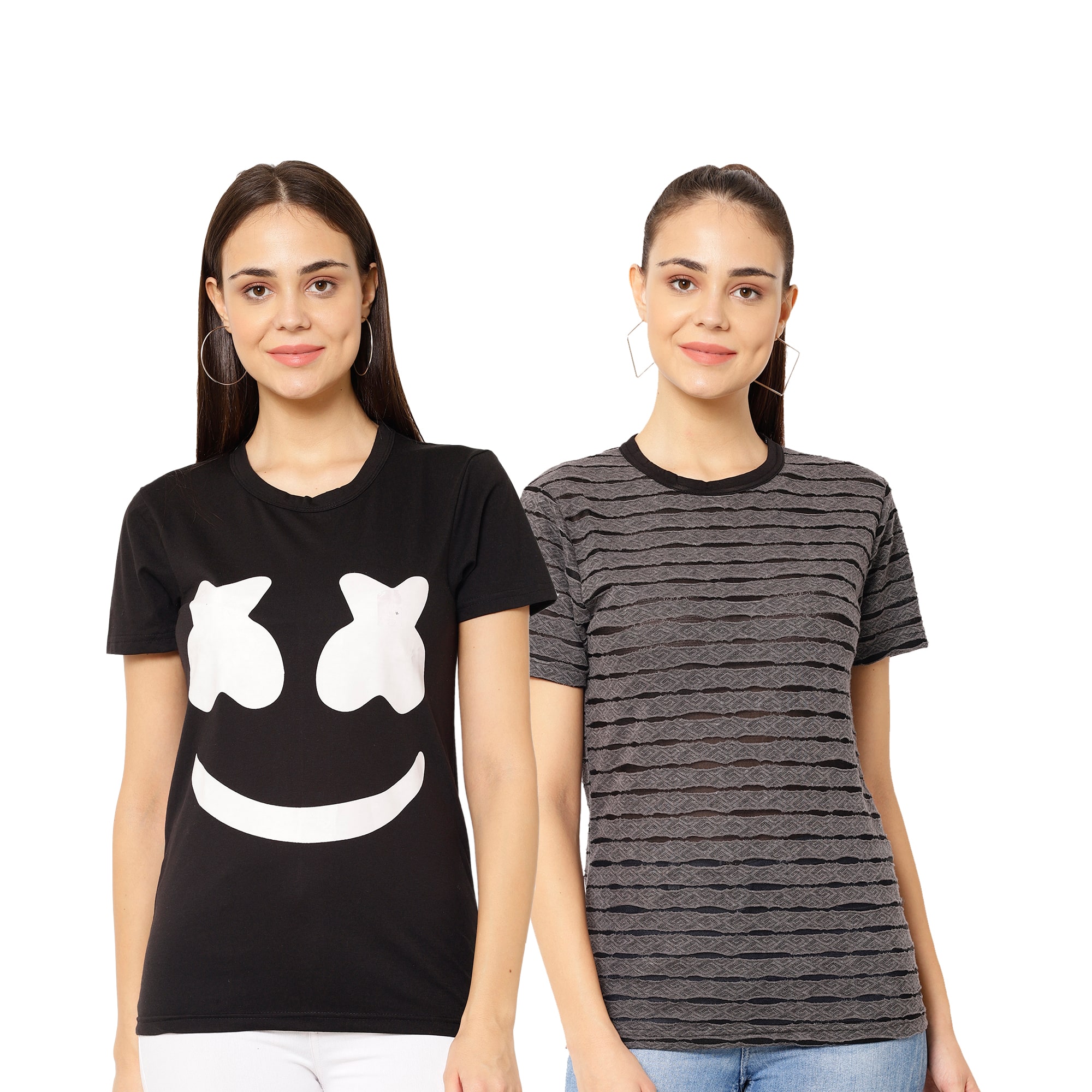 

VIMAL JONNEY Women Black Grey Regular fit Round neck Cotton blend T shirt