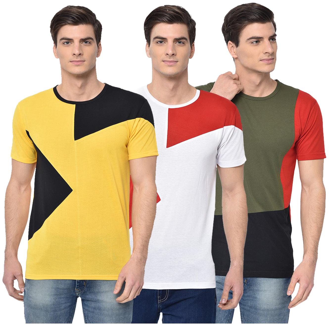 

VIMAL JONNEY Men Yellow White Regular fit Cotton Blend Round neck T-Shirt - Pack Of 3