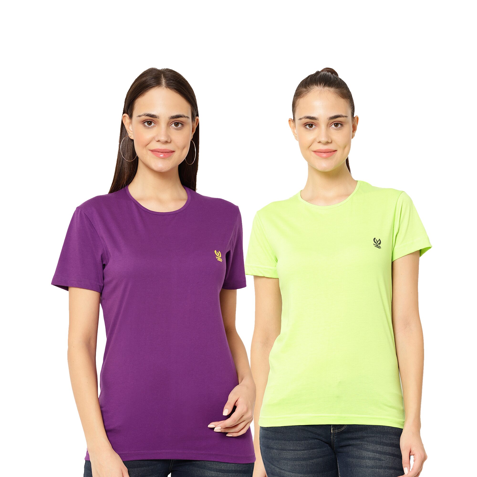 

VIMAL JONNEY Women Purple Green Regular fit Round neck Cotton T shirt