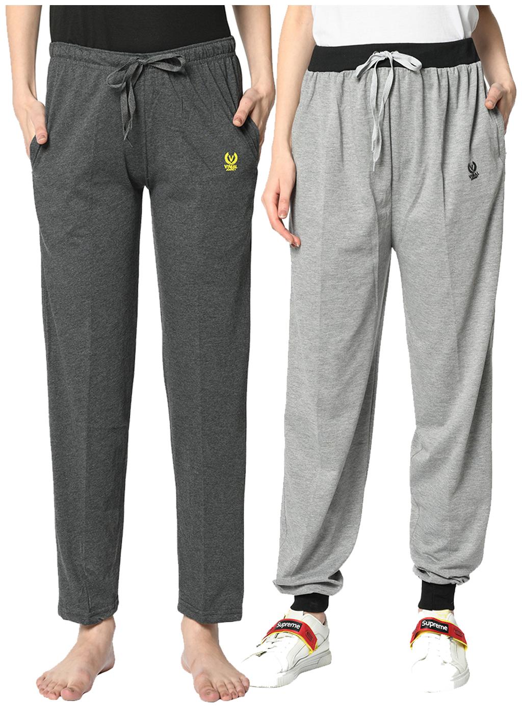 

VIMAL JONNEY Cotton Blend Solid Grey Color Track Pants For Women (Pack Of 2)