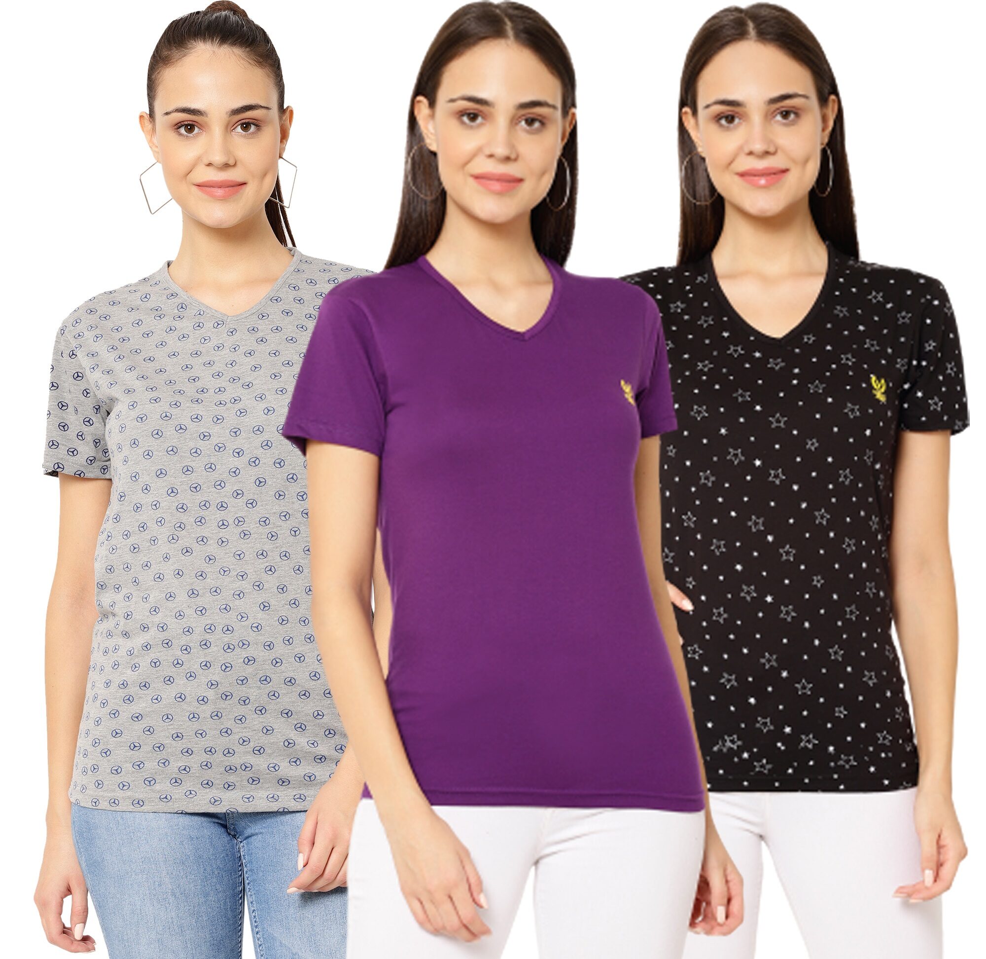 

VIMAL JONNEY Women Multi Regular fit V neck Cotton T shirt