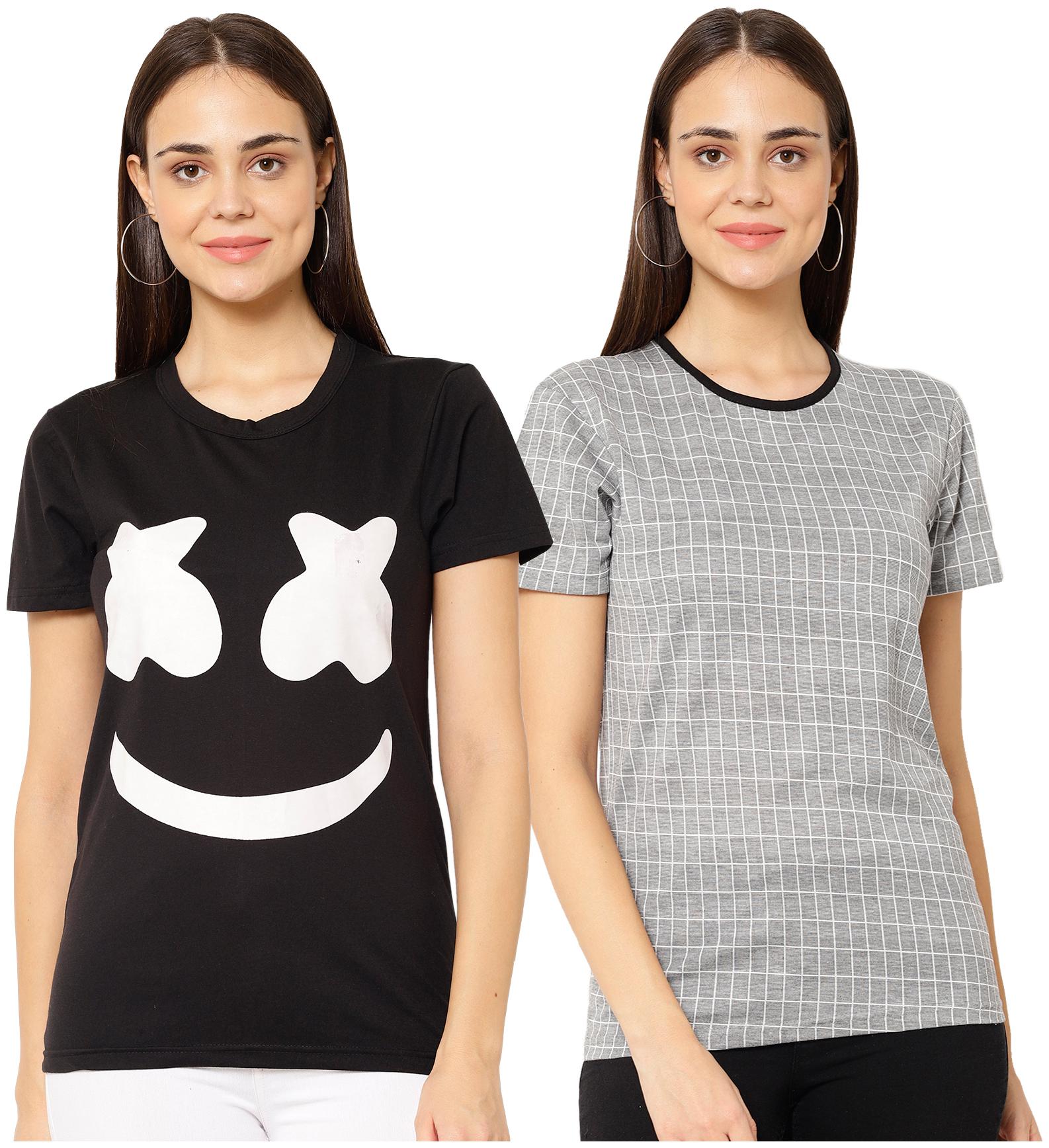 

VIMAL JONNEY Women Black Grey Regular fit Round neck Cotton blend T shirt