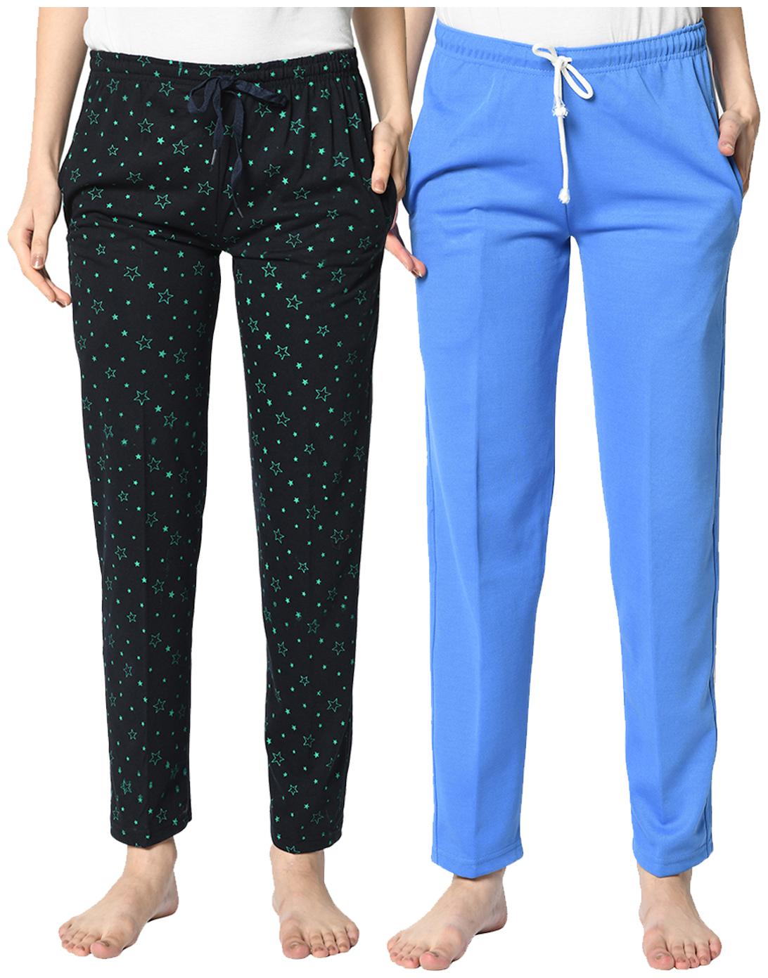 

VIMAL JONNEY Cotton Blend Printed Blue Color Track Pants For Women (Pack Of 2)