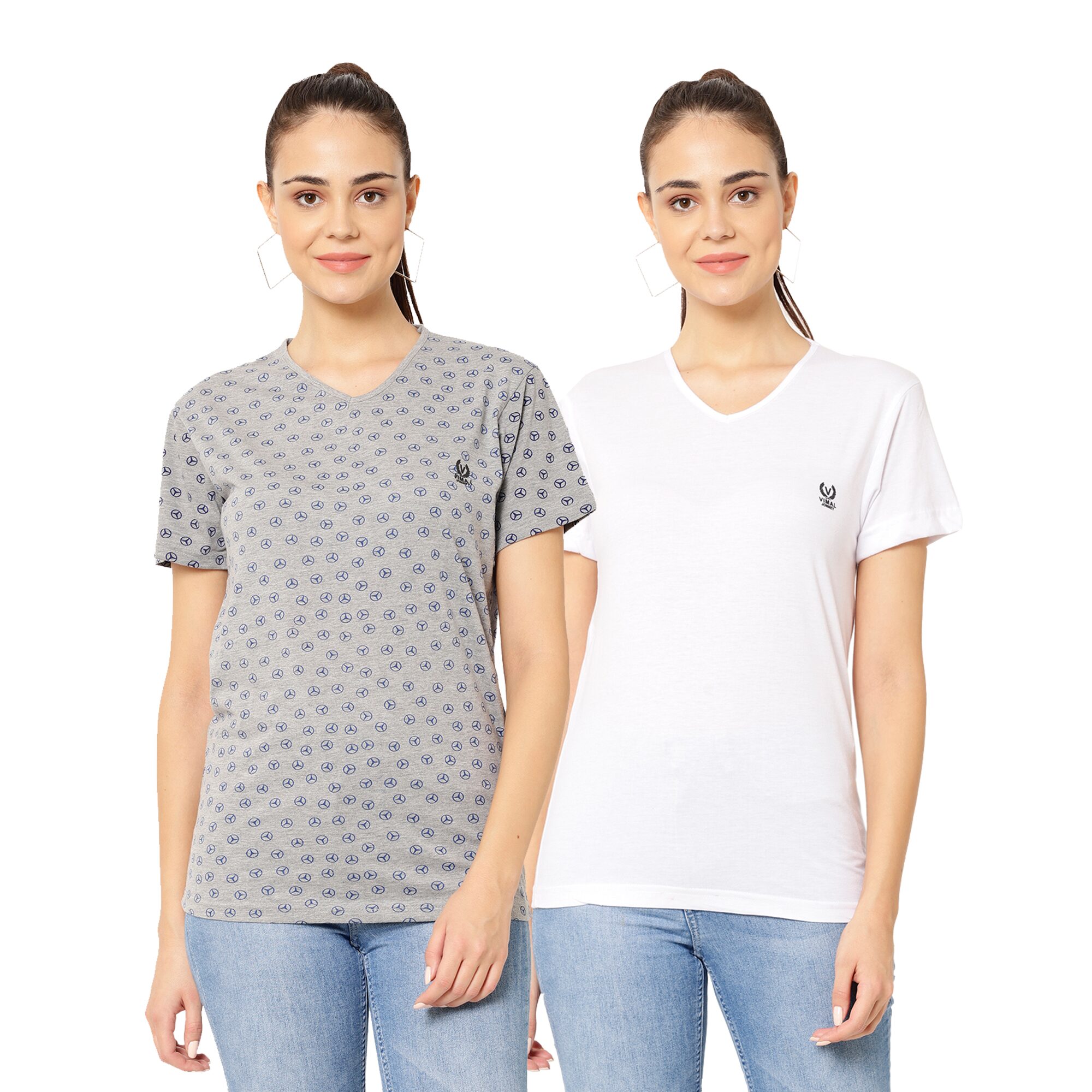

VIMAL JONNEY Women Grey White Regular fit V neck Cotton blend T shirt
