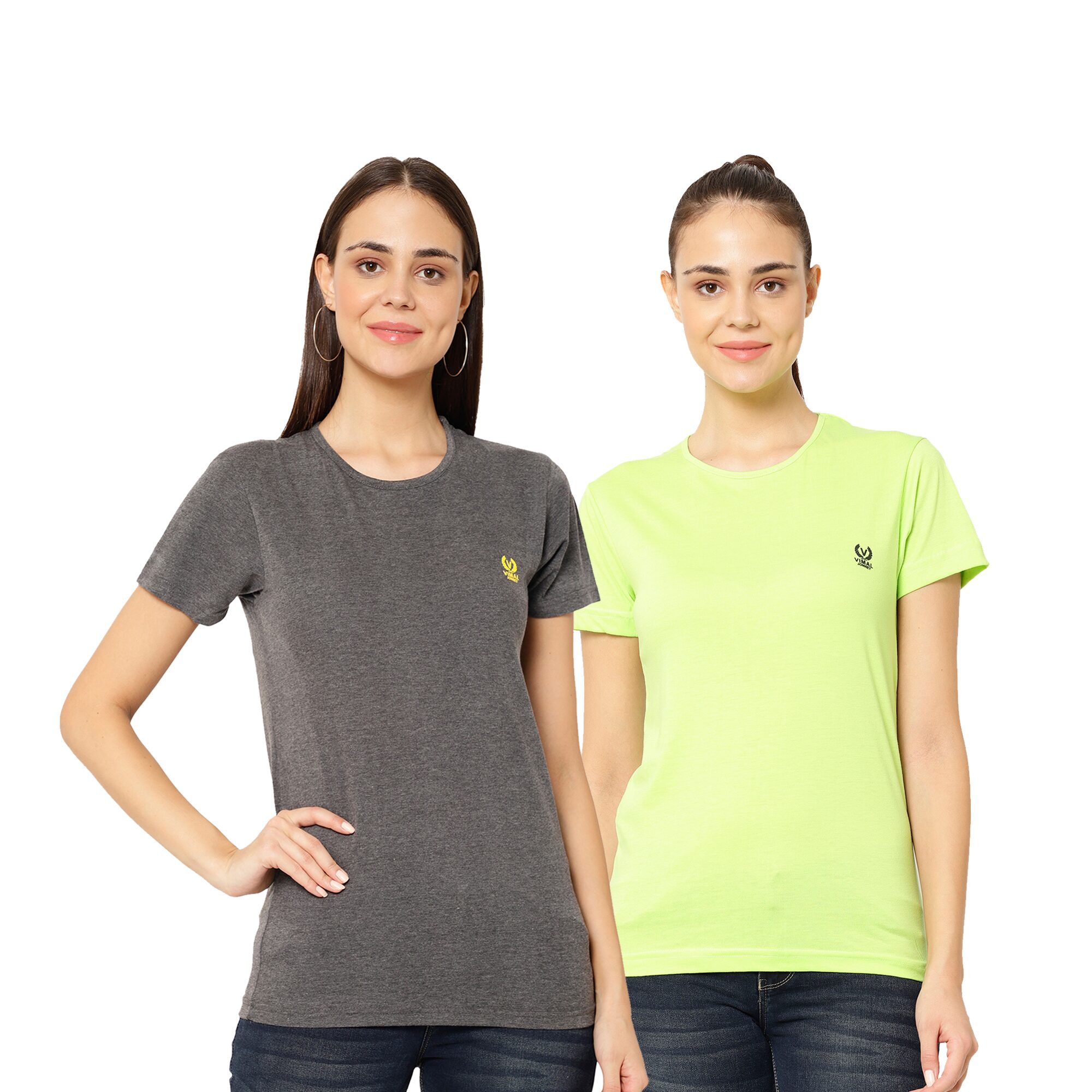 

VIMAL JONNEY Women Grey Green Regular fit Round neck Cotton T shirt