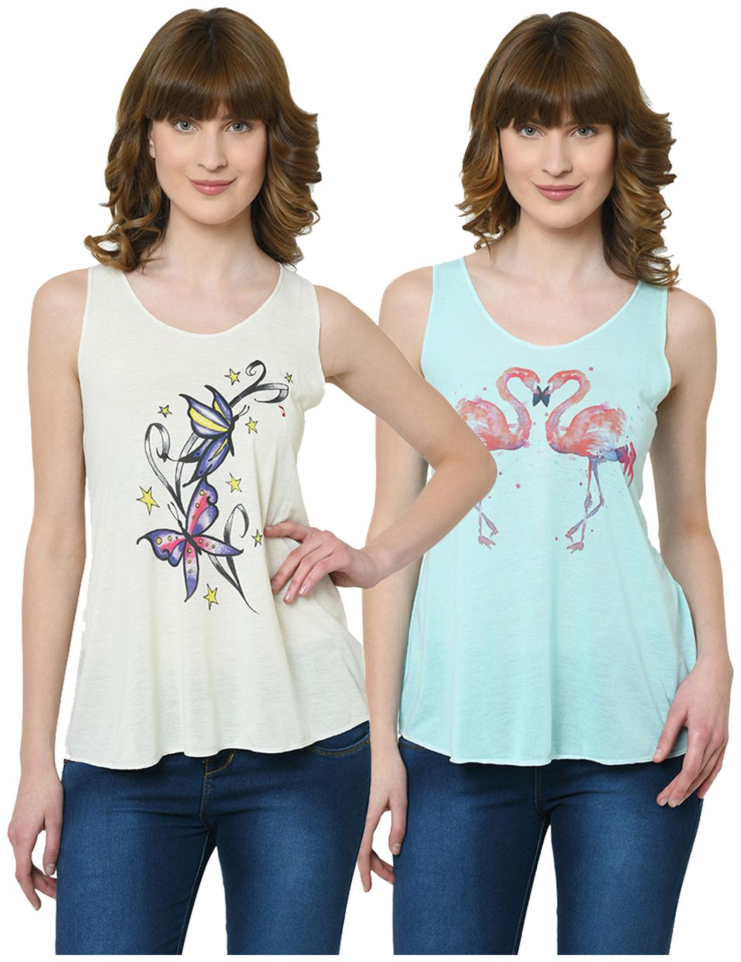 

VIMAL JONNEY Women Cream Green Regular fit U neck Polyester Tank top
