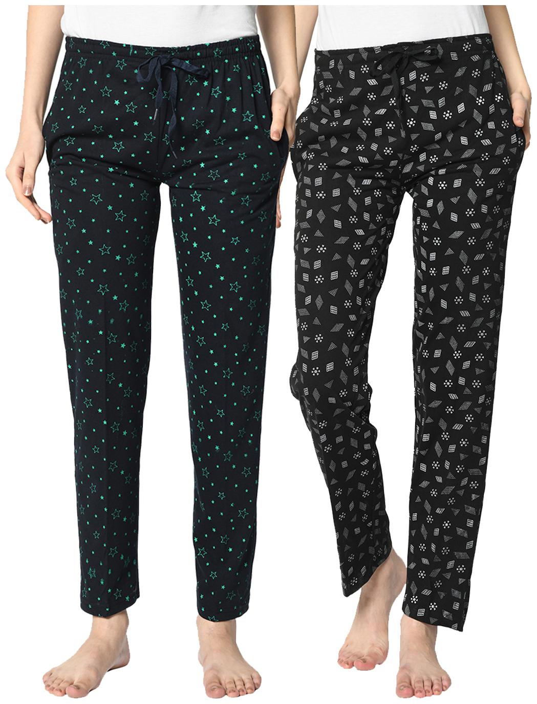 

VIMAL JONNEY Cotton Blend Printed Blue Black Color Track Pants For Women (Pack Of 2)