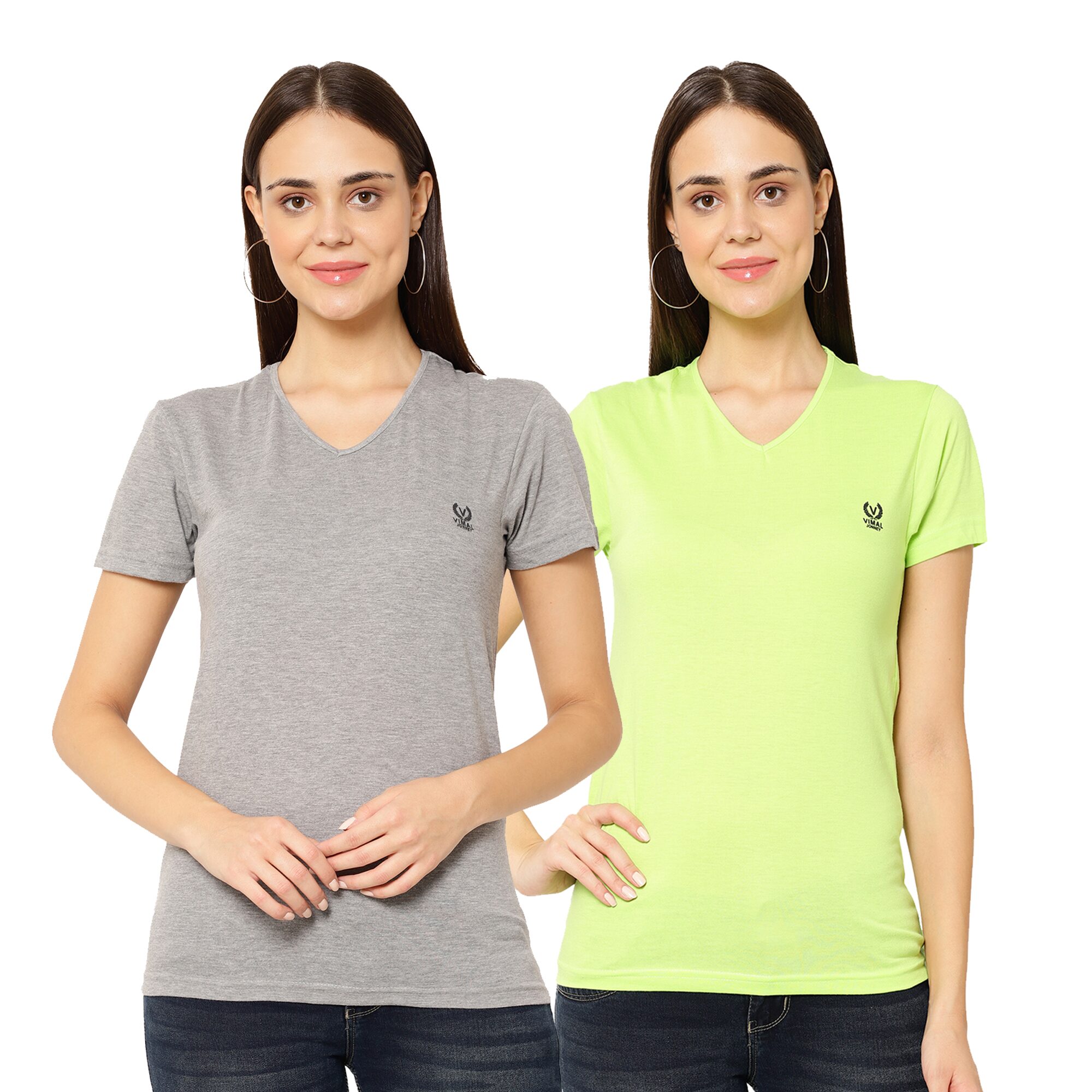 

VIMAL JONNEY Women Green Grey Regular fit V neck Cotton blend T shirt