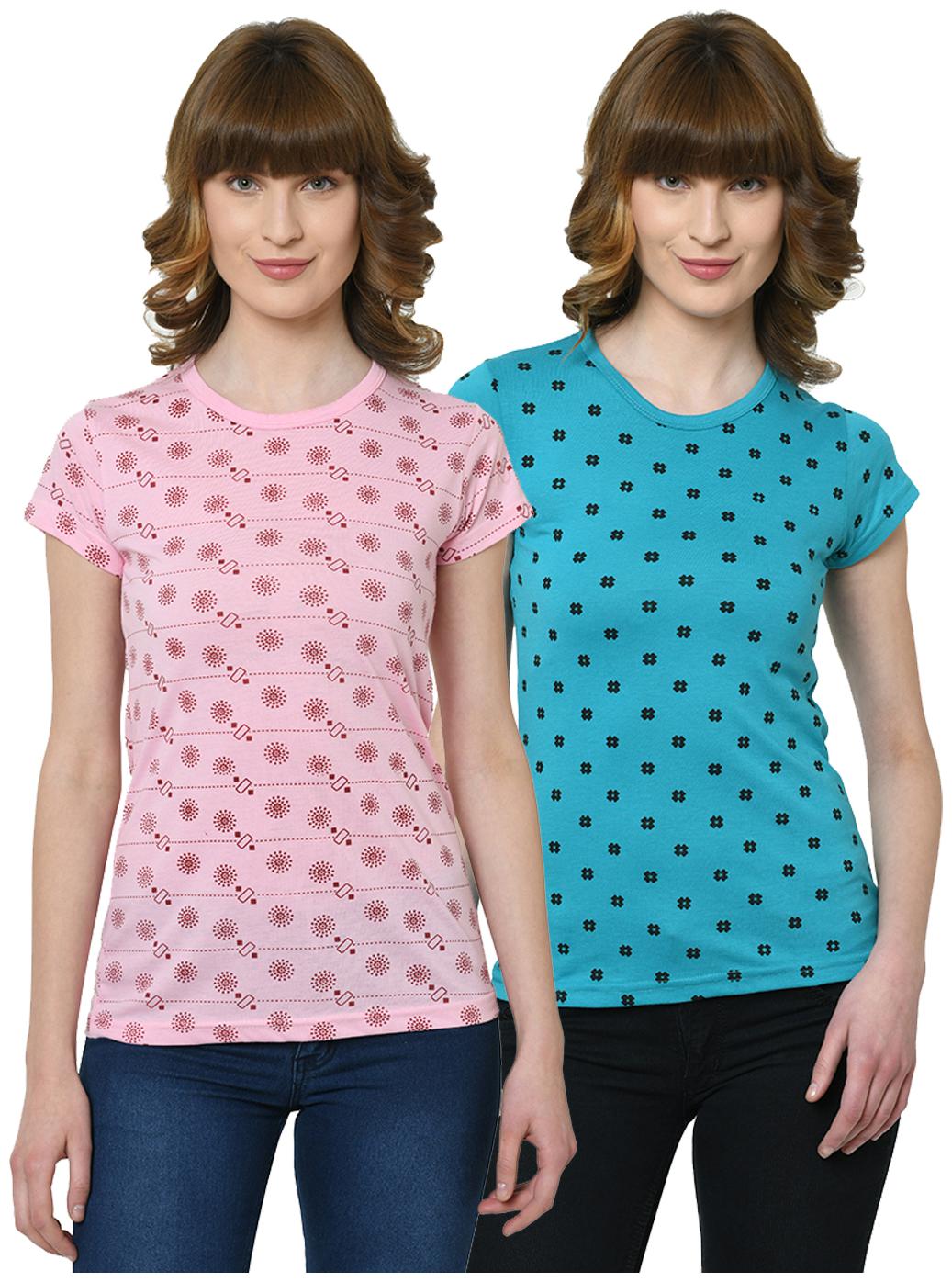 

VIMAL JONNEY Women Pink Blue Regular fit Round neck Cotton T shirt