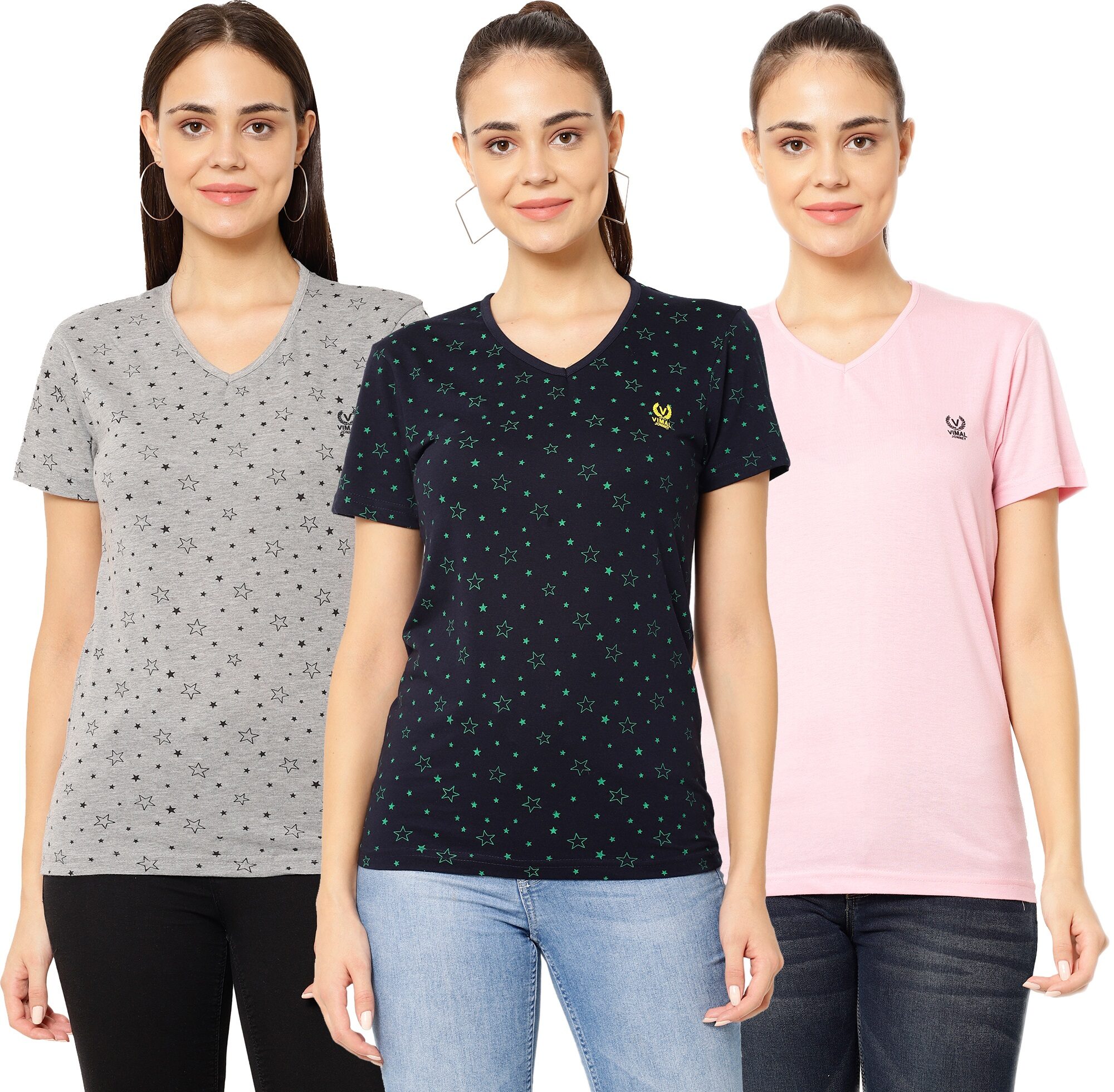 

VIMAL JONNEY Women Multi Regular fit V neck Cotton T shirt