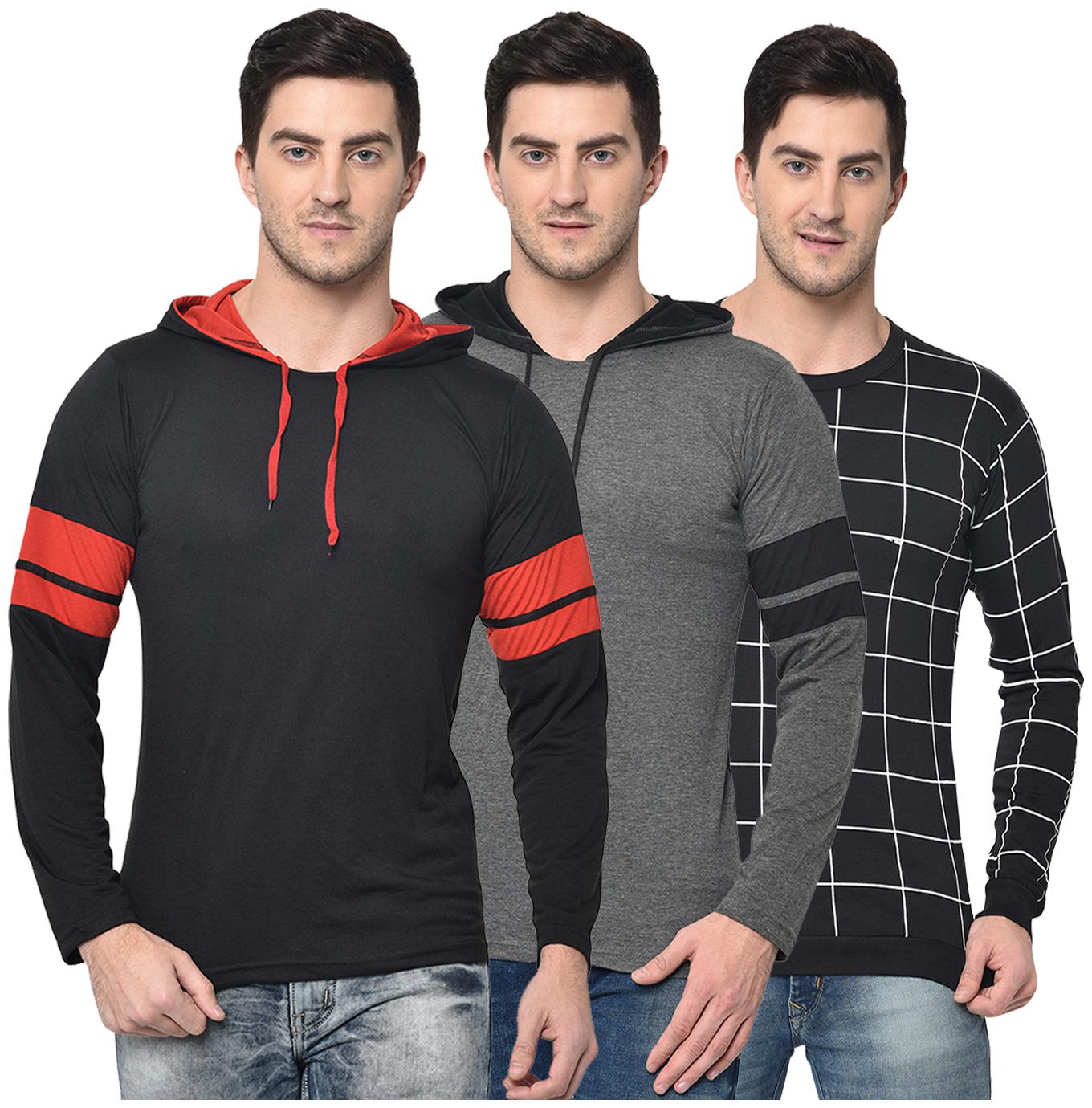 

VIMAL JONNEY Men Black Grey Regular fit Cotton Blend Hood T-Shirt - Pack Of 3