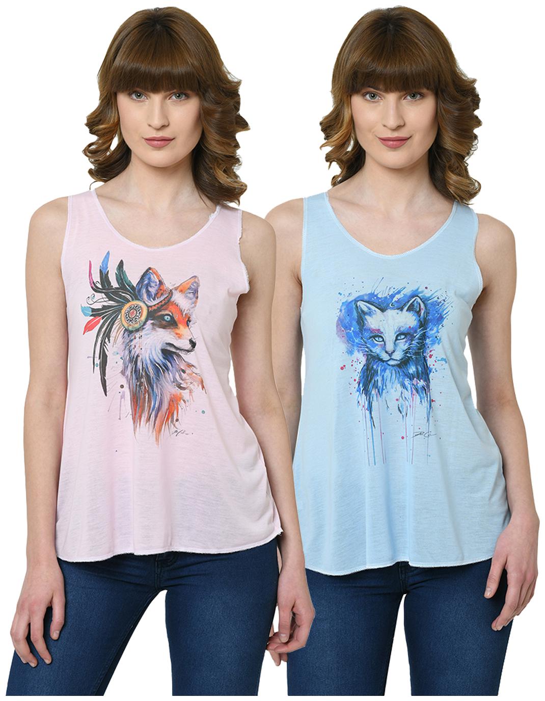 

VIMAL JONNEY Women Pink Blue Regular fit U neck Polyester Tank top