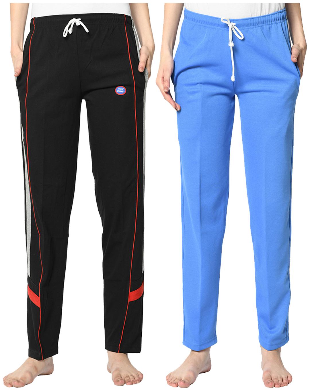 

VIMAL JONNEY Cotton Blend Solid Black Blue Color Track Pants For Women (Pack Of 2)