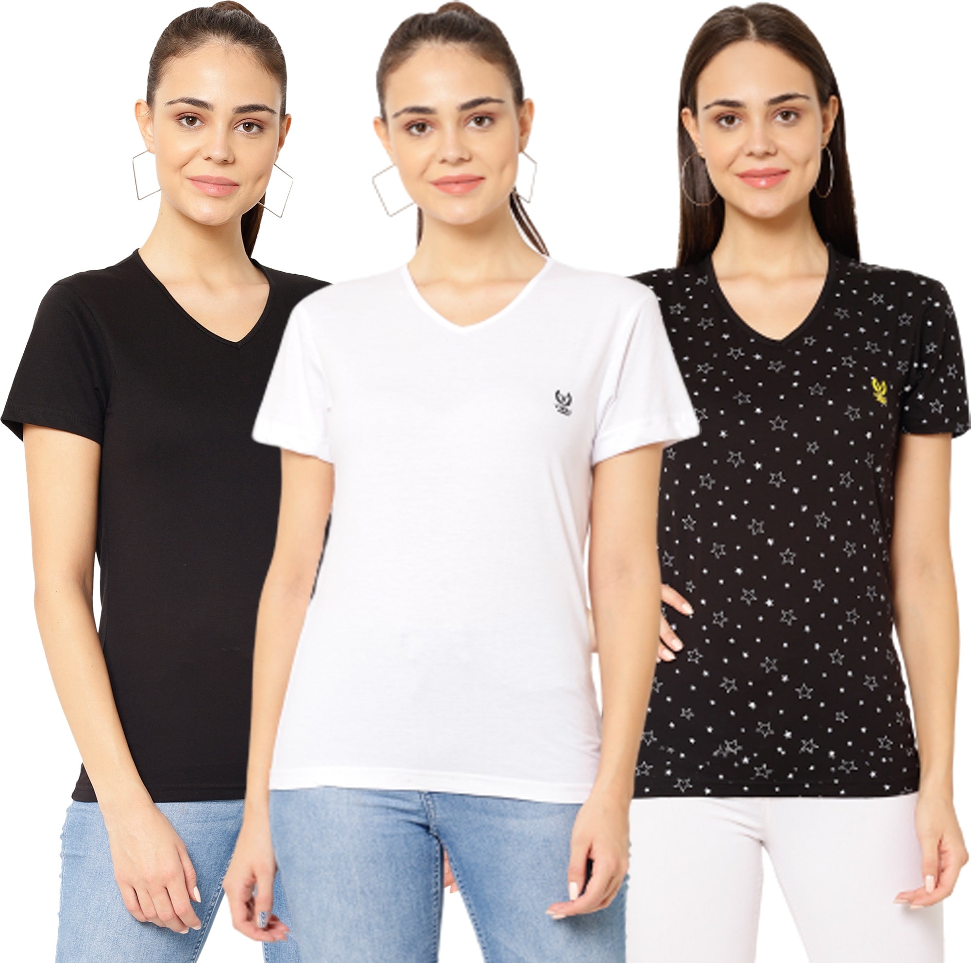 

VIMAL JONNEY Women Black White Regular fit V neck Cotton T shirt
