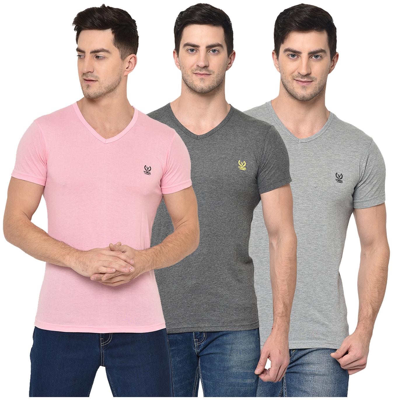 

VIMAL JONNEY Men Pink Grey Regular fit Cotton Blend V neck T-Shirt - Pack Of 3