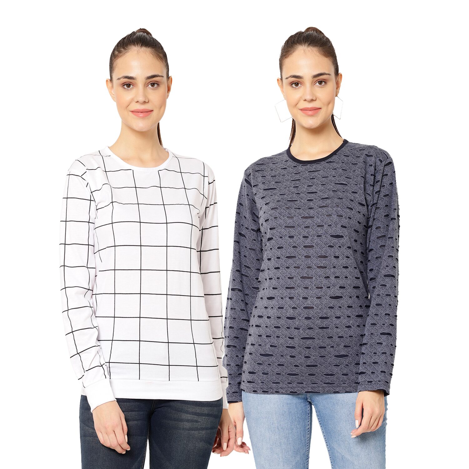 

VIMAL JONNEY Women White Grey Regular fit Round neck Cotton T shirt