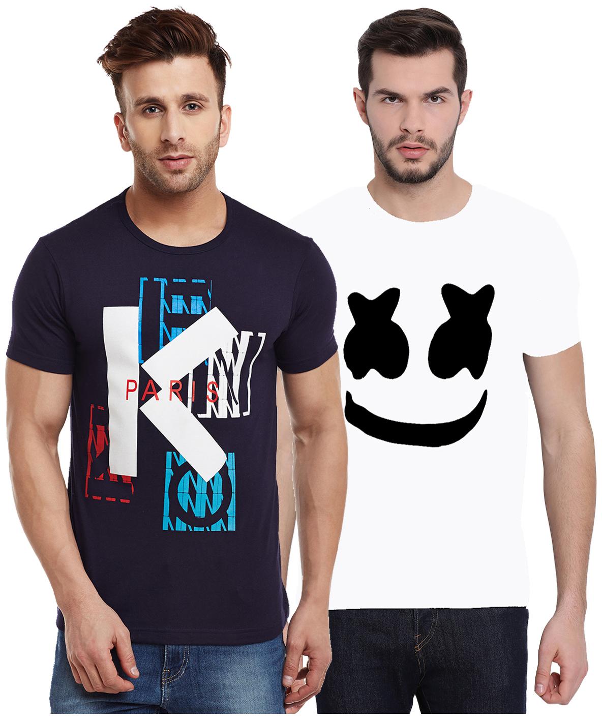 

VIMAL JONNEY Men Blue White Regular fit Cotton Round neck T-Shirt - Pack Of 2
