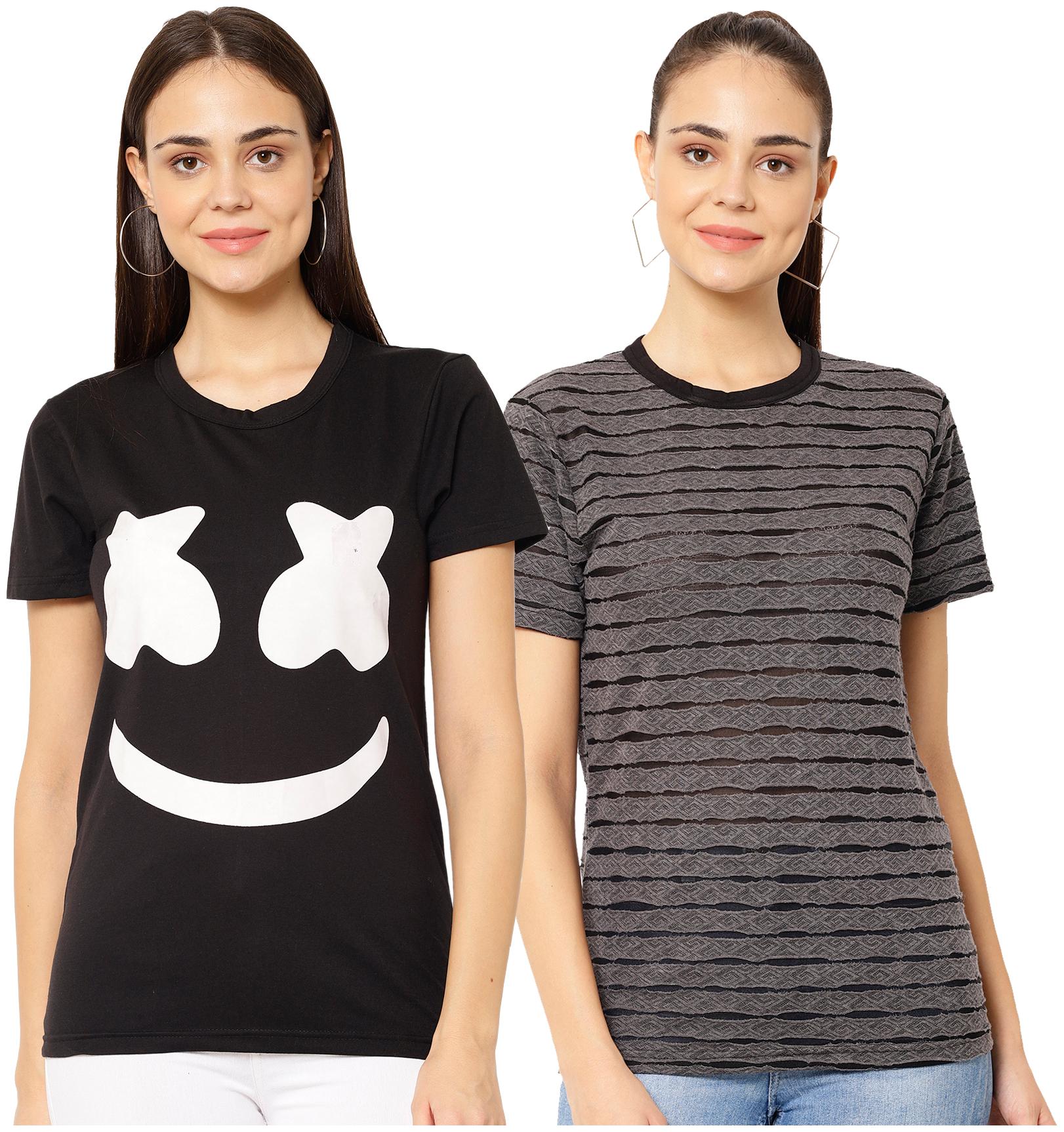

VIMAL JONNEY Women Black Regular fit Round neck Cotton blend T shirt