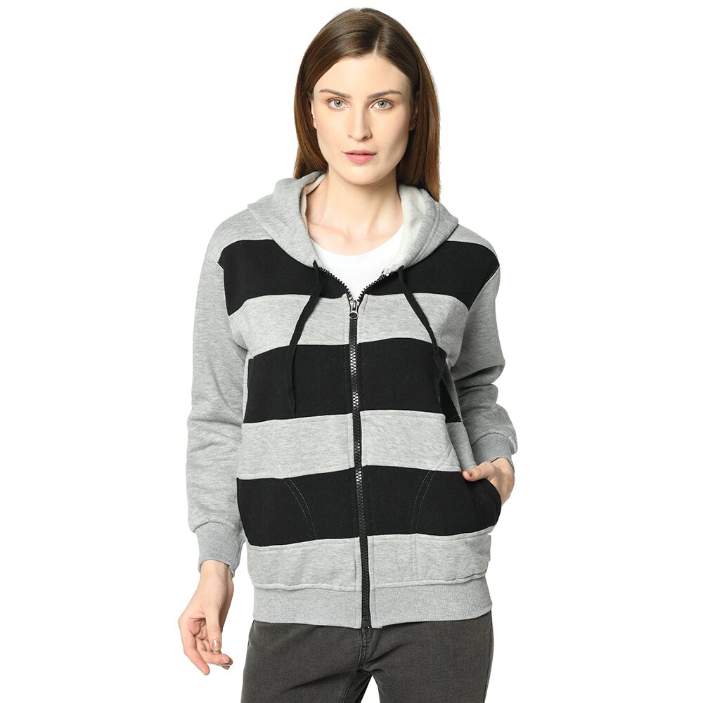 

VIMAL JONNEY Women Striped Sweatshirt - Black Grey