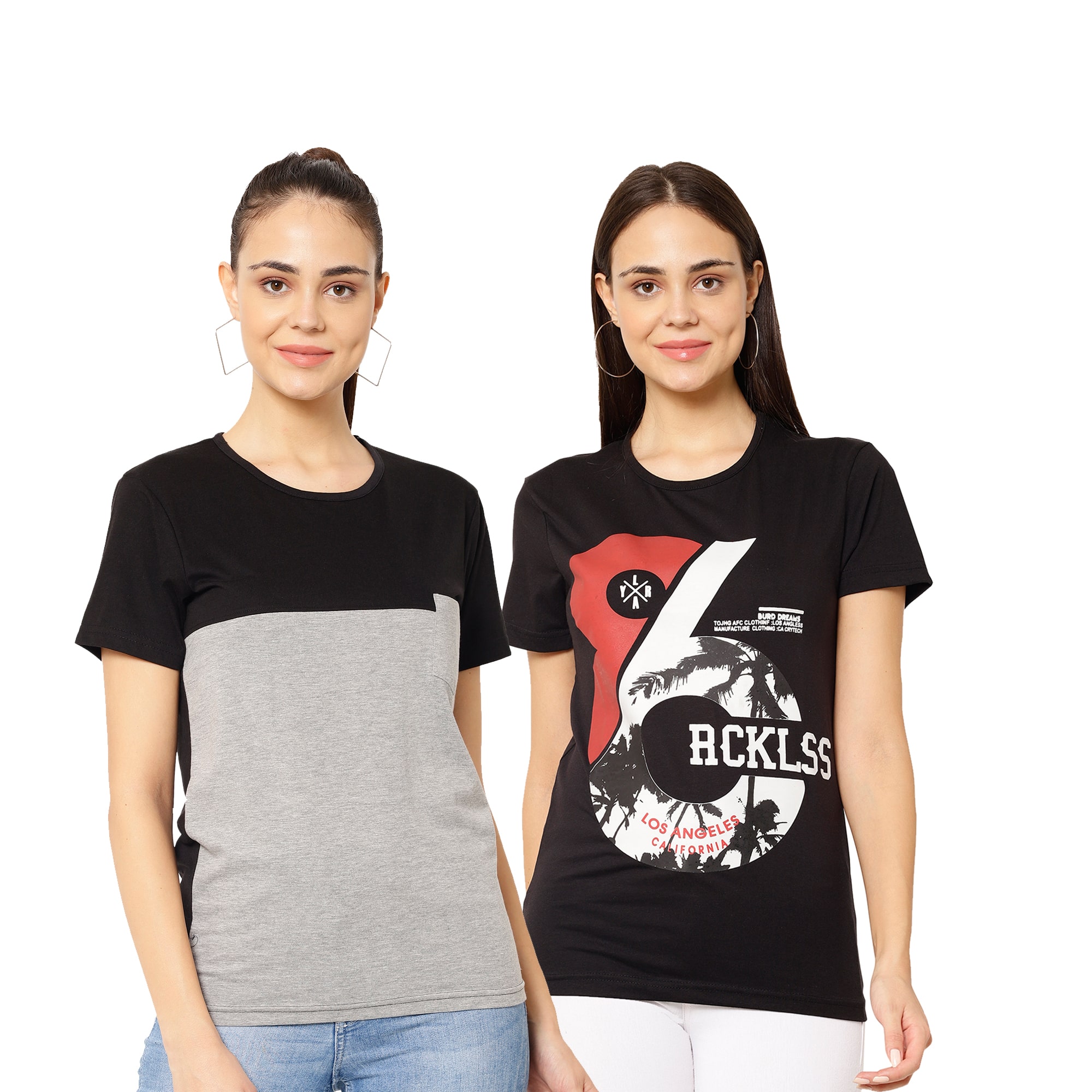 

VIMAL JONNEY Women Grey Black Regular fit Round neck Cotton blend T shirt