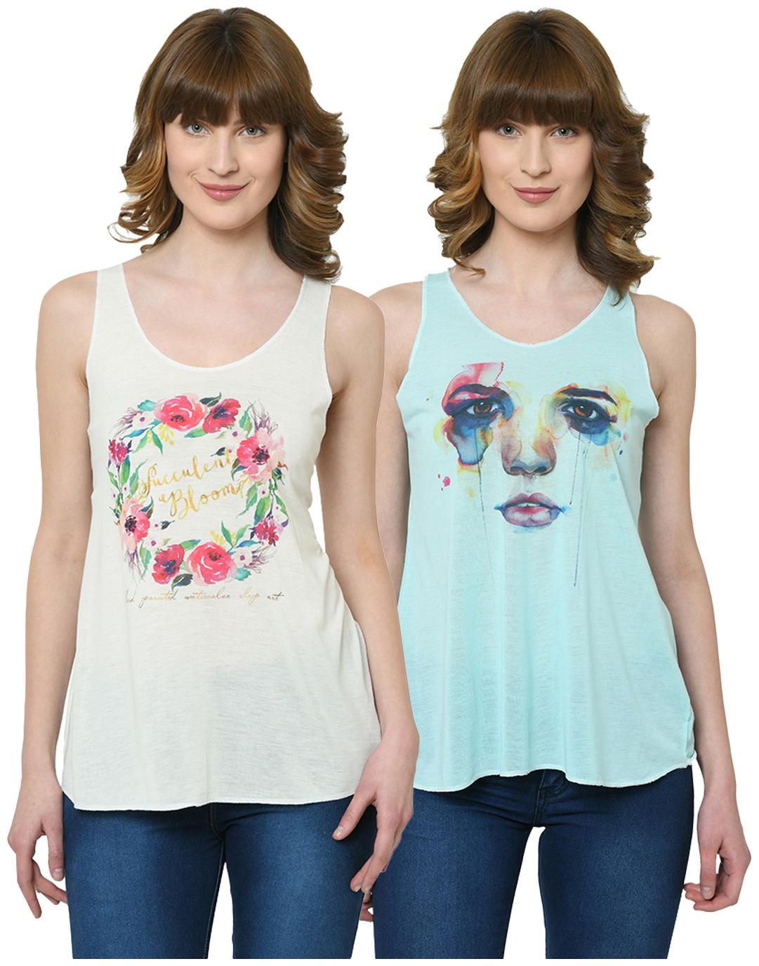 

VIMAL JONNEY Women Cream Green Regular fit U neck Polyester Tank top