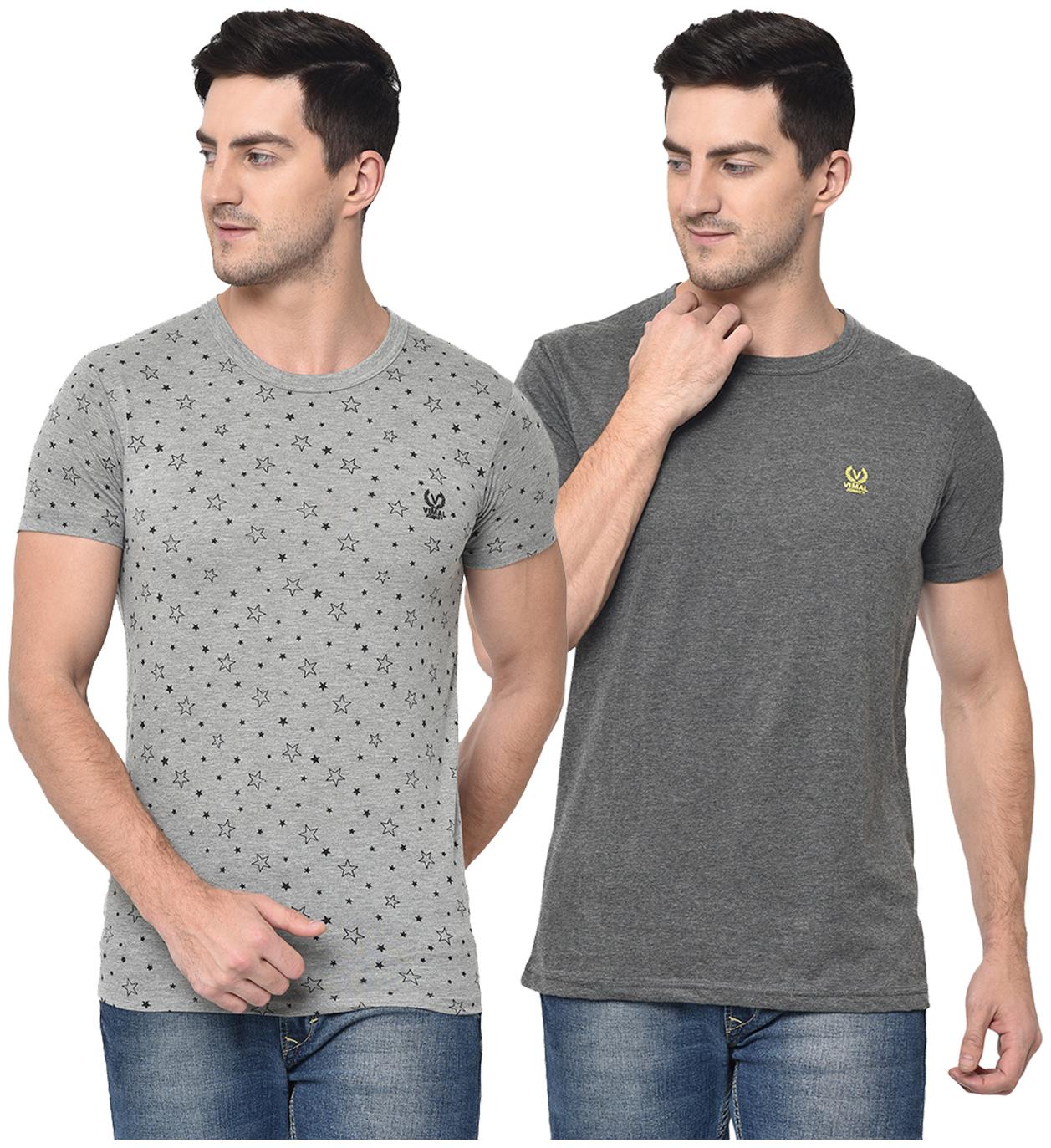 

VIMAL JONNEY Men Grey Regular fit Cotton Blend Round neck T-Shirt - Pack Of 2