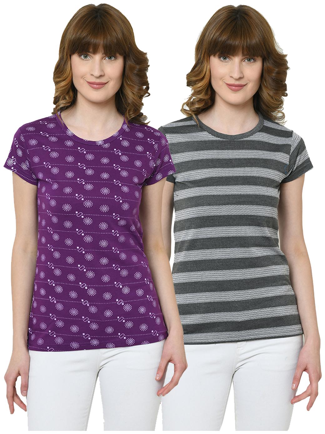 

VIMAL JONNEY Women Purple Grey Regular fit Round neck Cotton T shirt