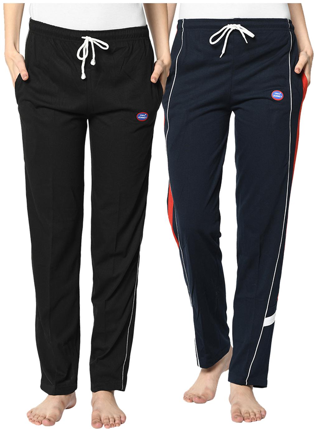 

VIMAL JONNEY Cotton Blend Solid Black Blue Color Track Pants For Women (Pack Of 2)