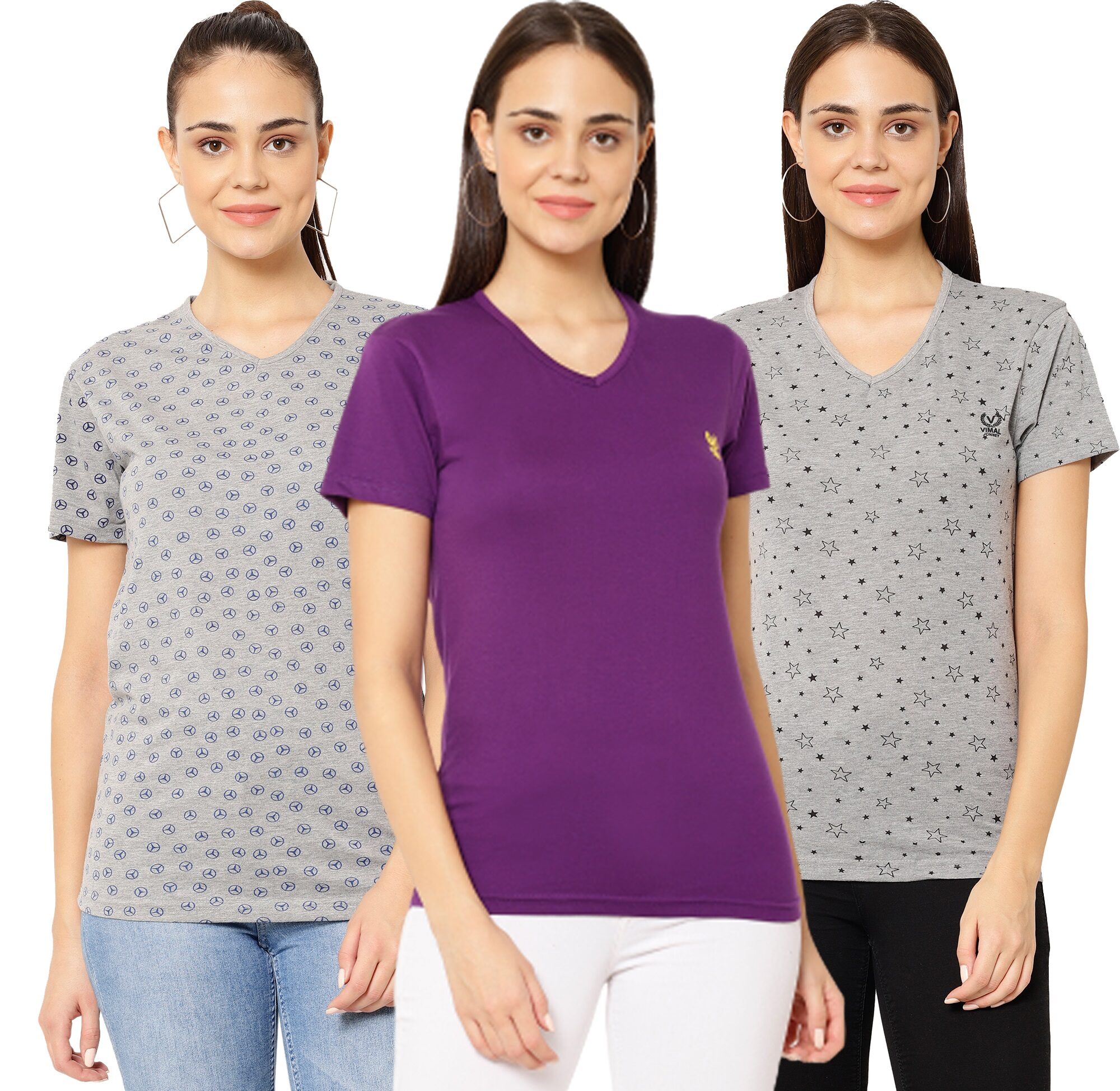 

VIMAL JONNEY Women Purple Grey Regular fit V neck Cotton T shirt