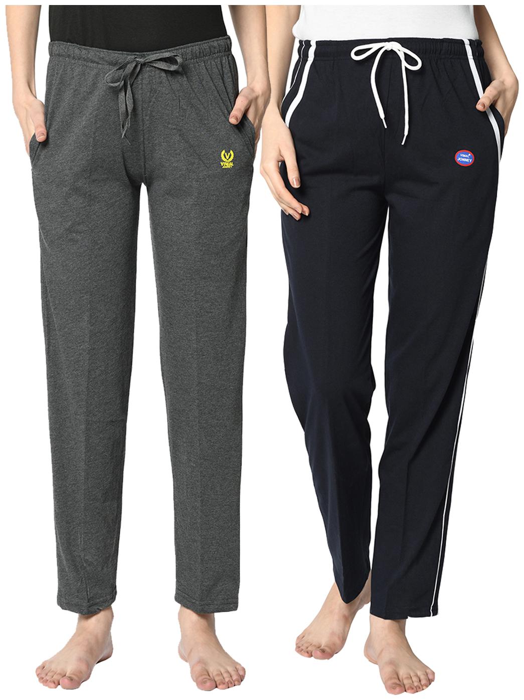 

VIMAL JONNEY Cotton Blend Solid Blue Grey Color Track Pants For Women (Pack Of 2)