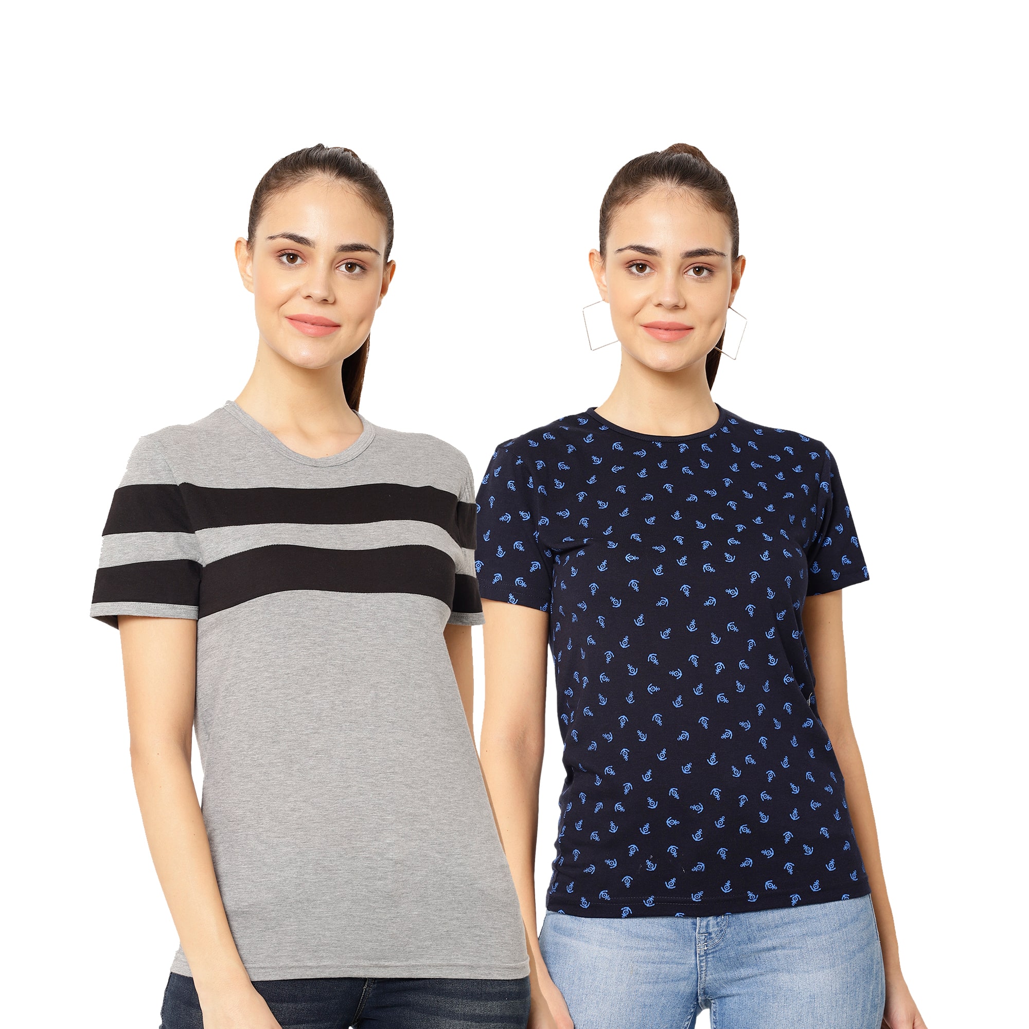 

VIMAL JONNEY Cotton Printed Grey Navy Blue Color T-Shirt For Women (Pack Of 2)