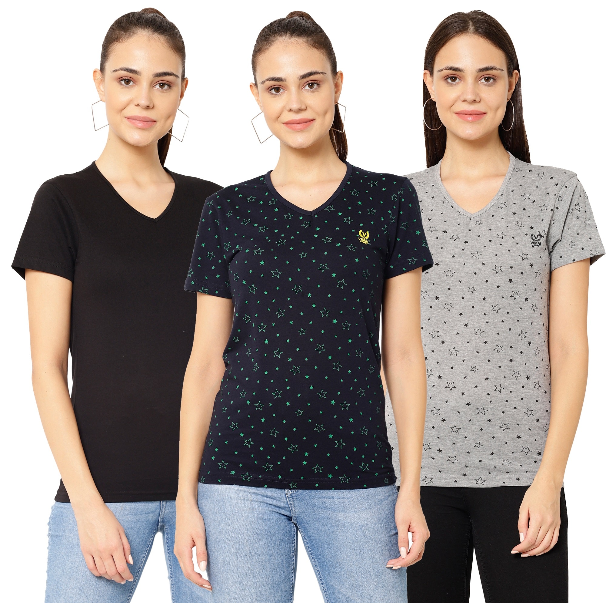 

VIMAL JONNEY Women Multi Regular fit V neck Cotton T shirt