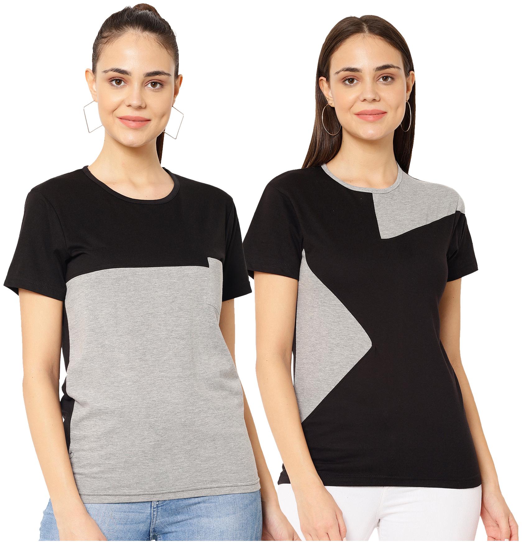 

VIMAL JONNEY Women Grey Black Regular fit Round neck Cotton blend T shirt