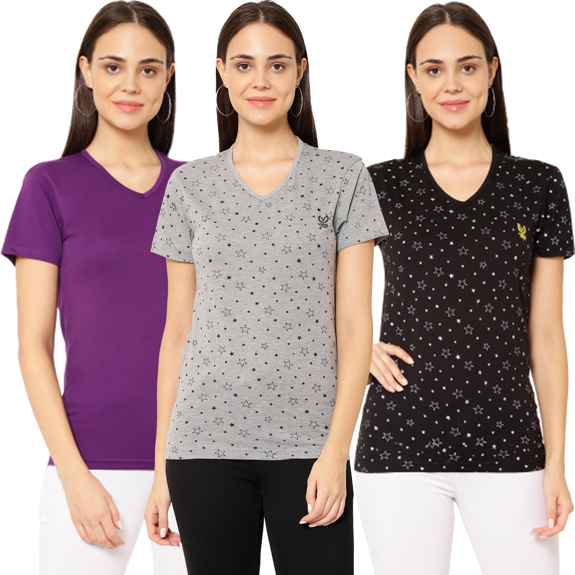 

VIMAL JONNEY Women Multi Regular fit V neck Cotton T shirt