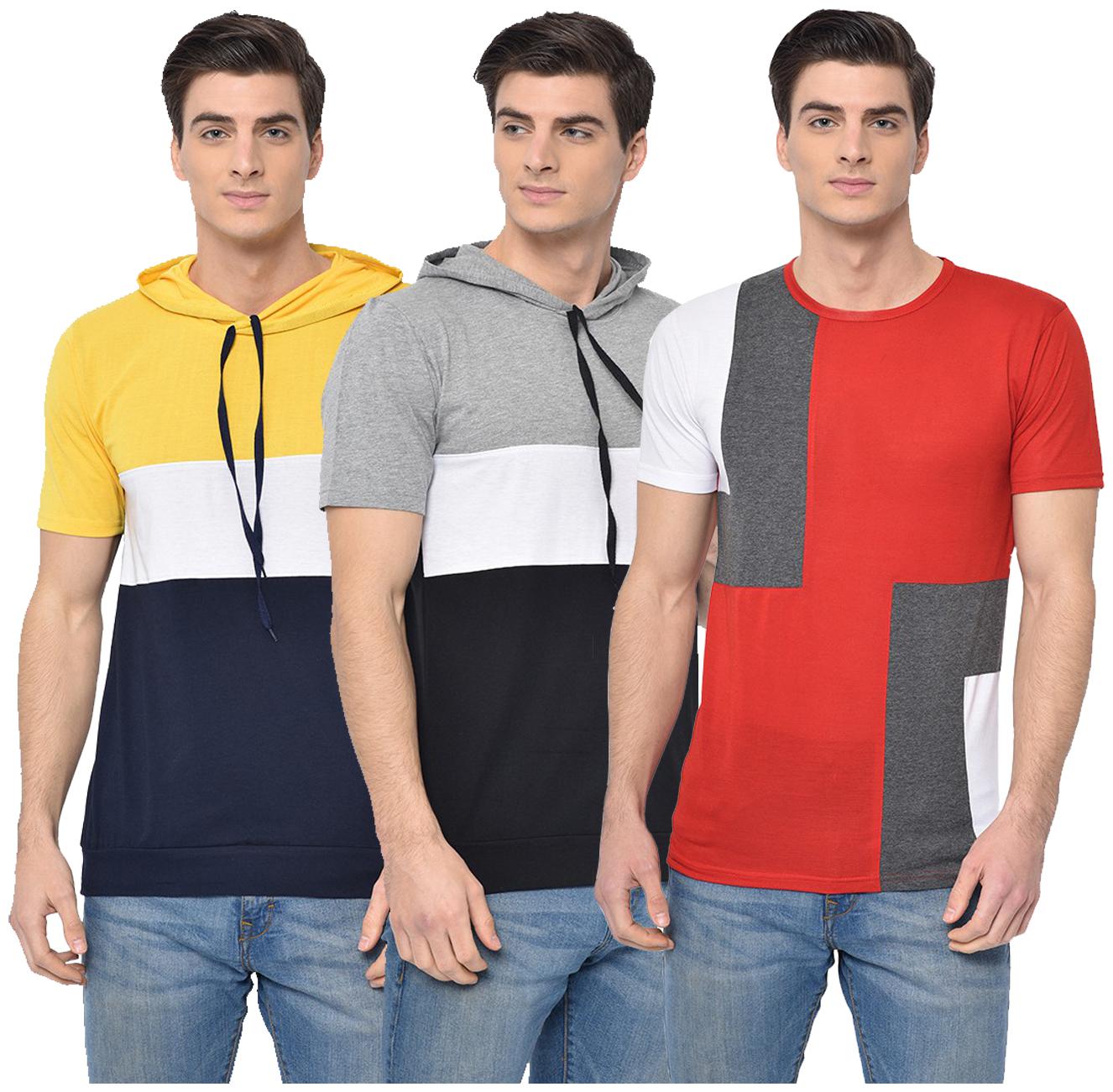 

VIMAL JONNEY Men Yellow Grey Regular fit Cotton Blend Hood T-Shirt - Pack Of 3