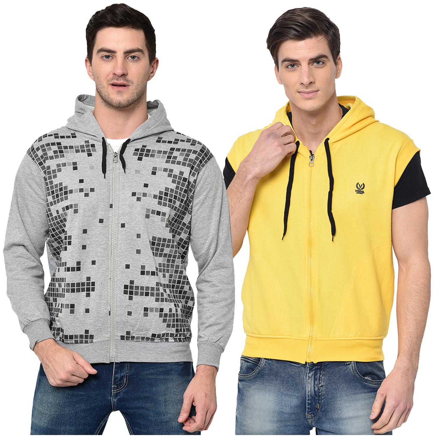 

VIMAL JONNEY Men Grey Yellow Hooded Hoodie