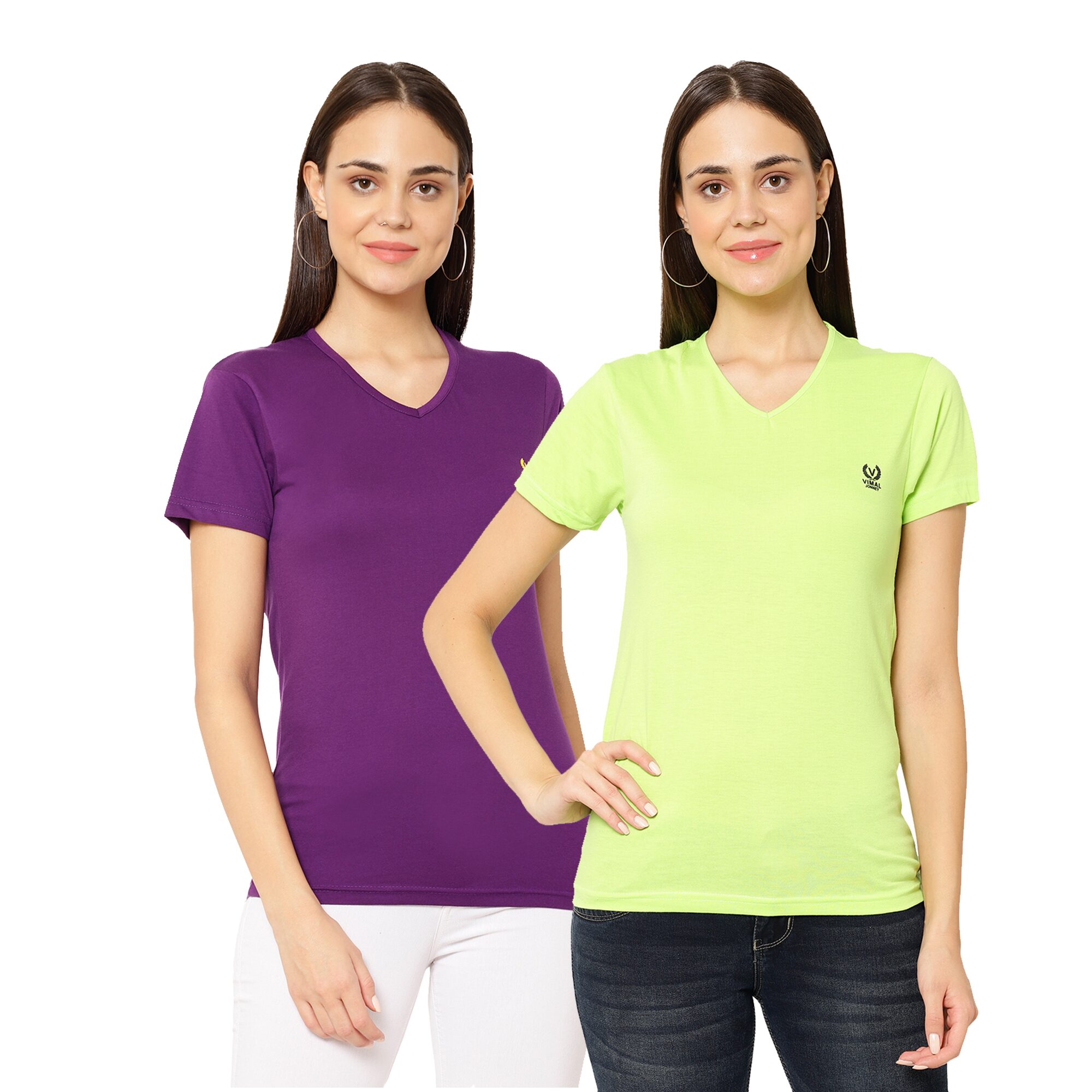 

VIMAL JONNEY Women Green Purple Regular fit V neck Cotton blend T shirt