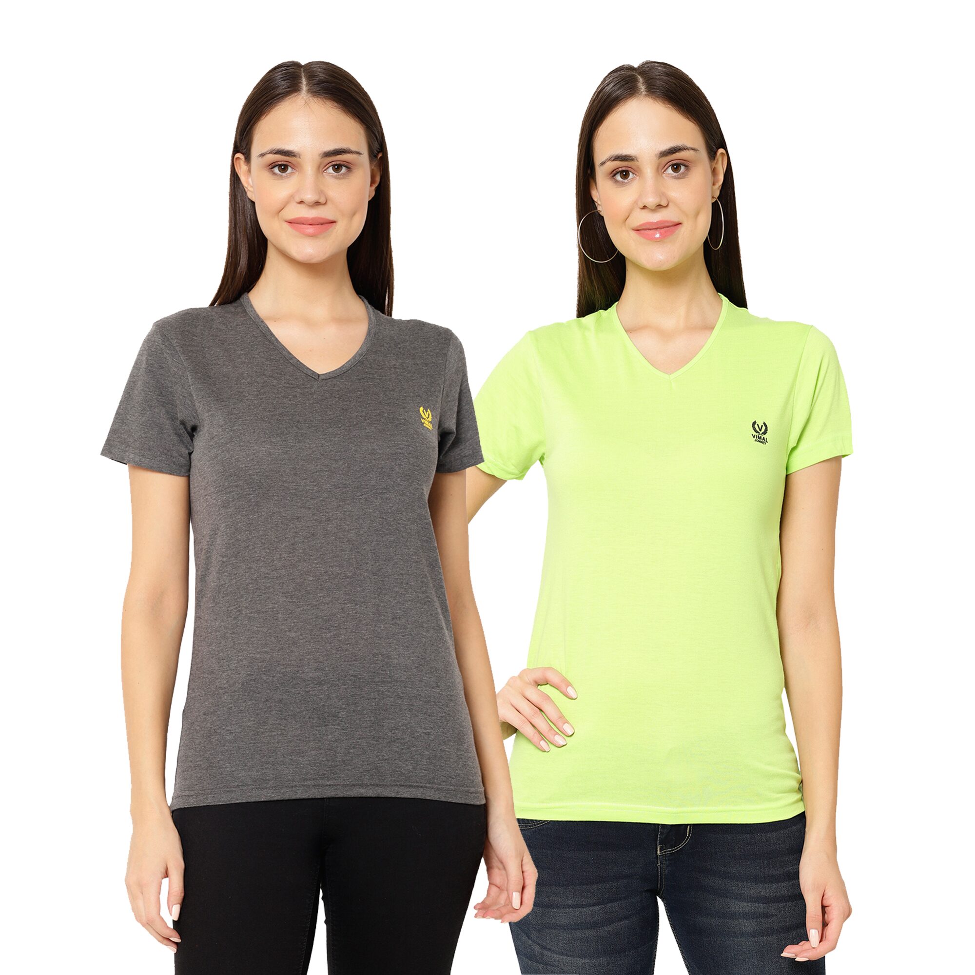 

VIMAL JONNEY Women Green Grey Regular fit V neck Cotton blend T shirt