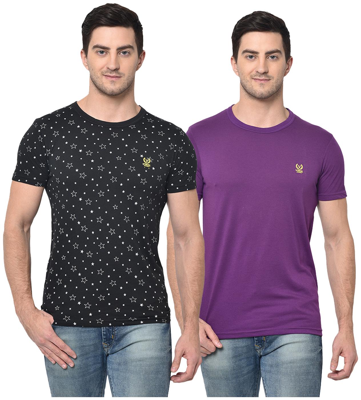 

VIMAL JONNEY Men Purple Black Regular fit Cotton Blend Round neck T-Shirt - Pack Of 2