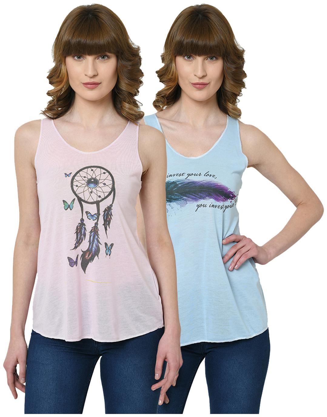 

VIMAL JONNEY Women Pink Blue Regular fit U neck Polyester Tank top