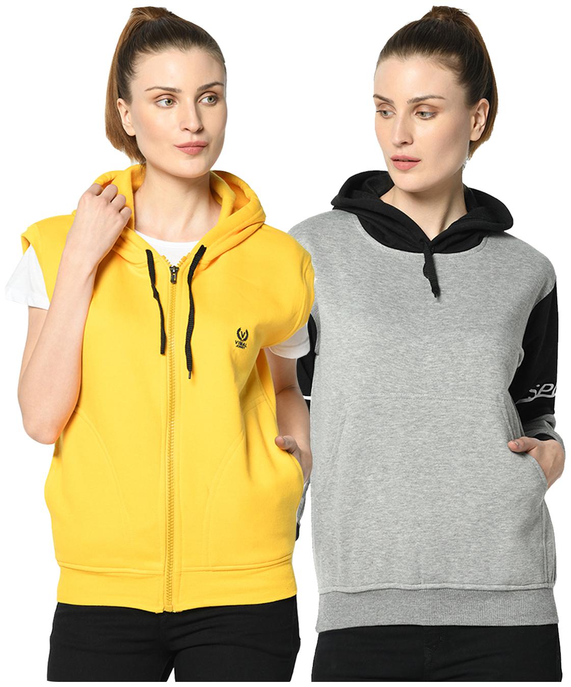

VIMAL JONNEY Women Solid Hoodie - Grey Yellow
