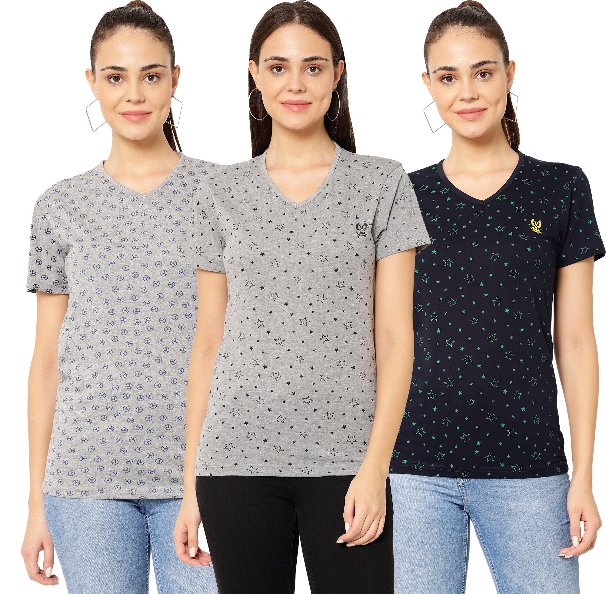 

VIMAL JONNEY Women Blue Grey Regular fit V neck Cotton T shirt