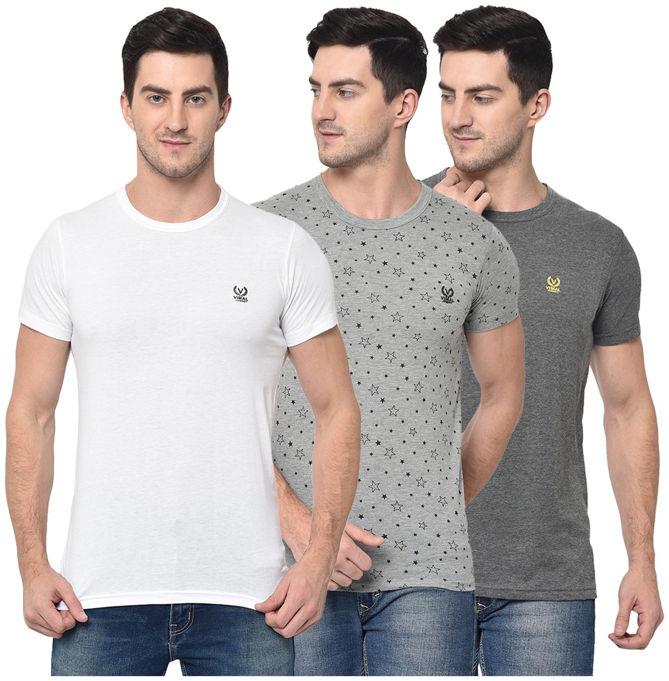 

VIMAL JONNEY Men Grey White Regular fit Cotton Blend Round neck T-Shirt - Pack Of 3